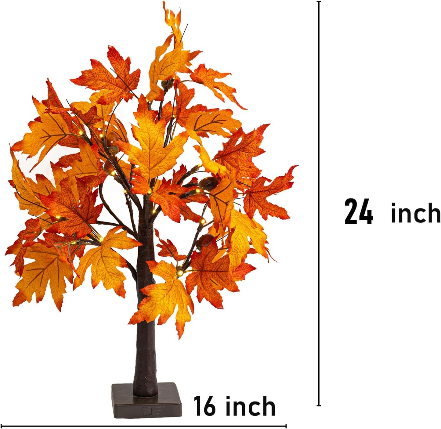 Dazzle Bright 2 Pack 24 Inch Lighted Thanksgiving Fall Maple Tree Decor, 24 LED Battery Operated Decorations Artificial Tree with Timer for Indoor Home Room Holiday Xmas Party