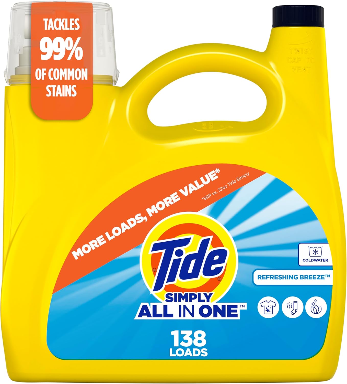 Tide Simply Liquid Laundry Detergent, Refreshing Breeze Scent, 138 Loads, 182 fl oz, All-In-One Detergent