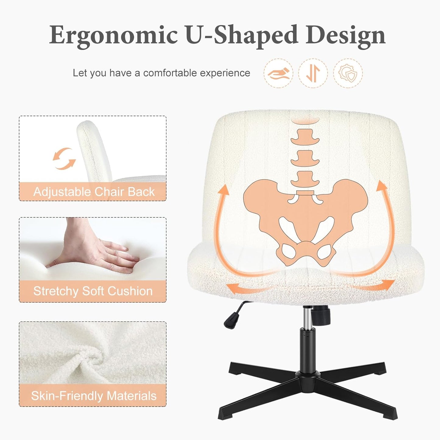 Sweetcrispy Criss Cross Chair Legged, Armless Office Swivel Desk Chair No Wheels, Vanity Height Adjustable Wide Seat Computer Task Seating - Teddy Cream