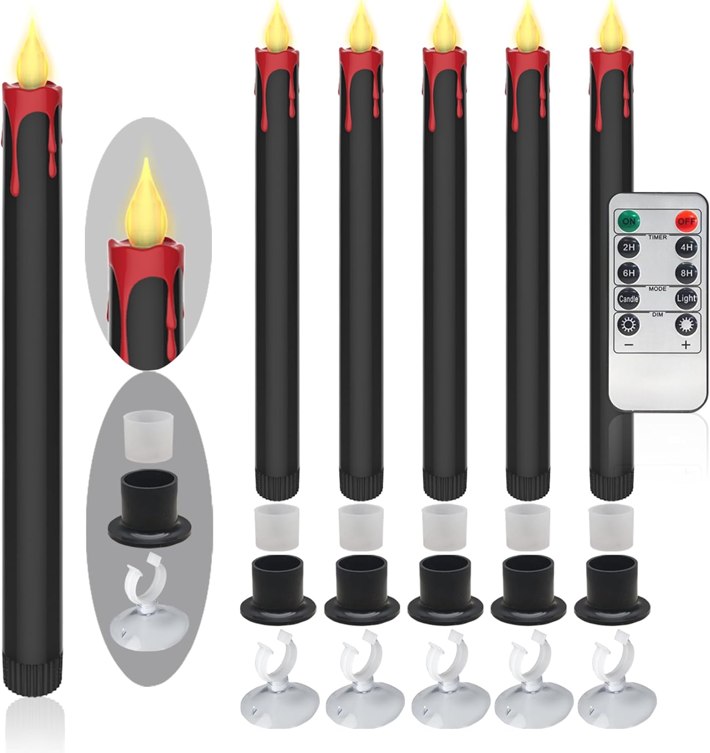 Halloween LED Flameless Taper Candles Black Red Drip with Remote Timer, 6 Pcs Candlesticks with 3D Flickering Flame for Home Fall Indoor Decorations(0.85 x 10.6 Inches)