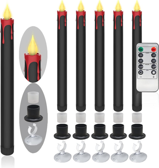 Halloween LED Flameless Taper Candles Black Red Drip with Remote Timer, 6 Pcs Candlesticks with 3D Flickering Flame for Home Fall Indoor Decorations(0.85 x 10.6 Inches)