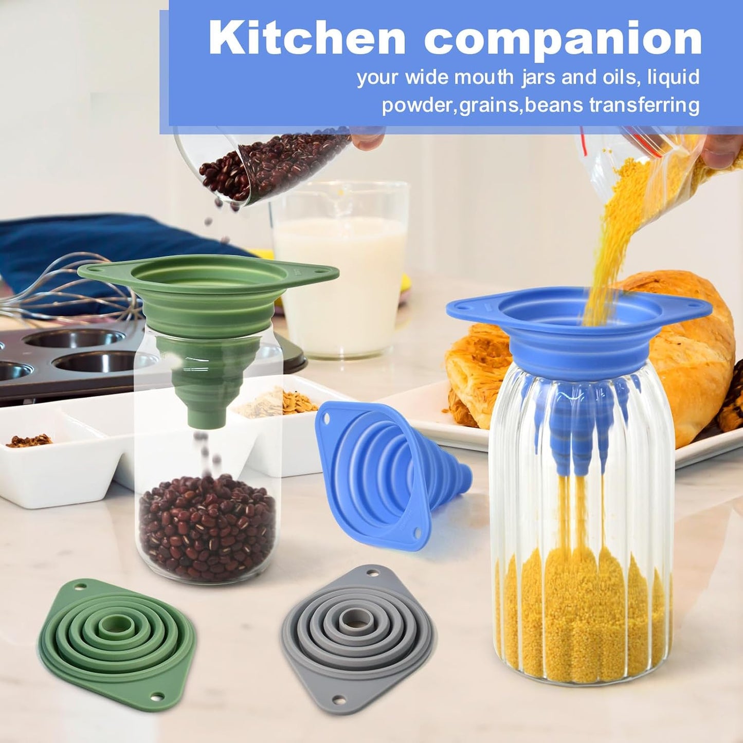 Kitchen Funnel Set 3 Pack,Funnels for Kitchen Use Filling Bottles,Silicone Funnel Collapsible,Small Funnels for Filling Small Bottles