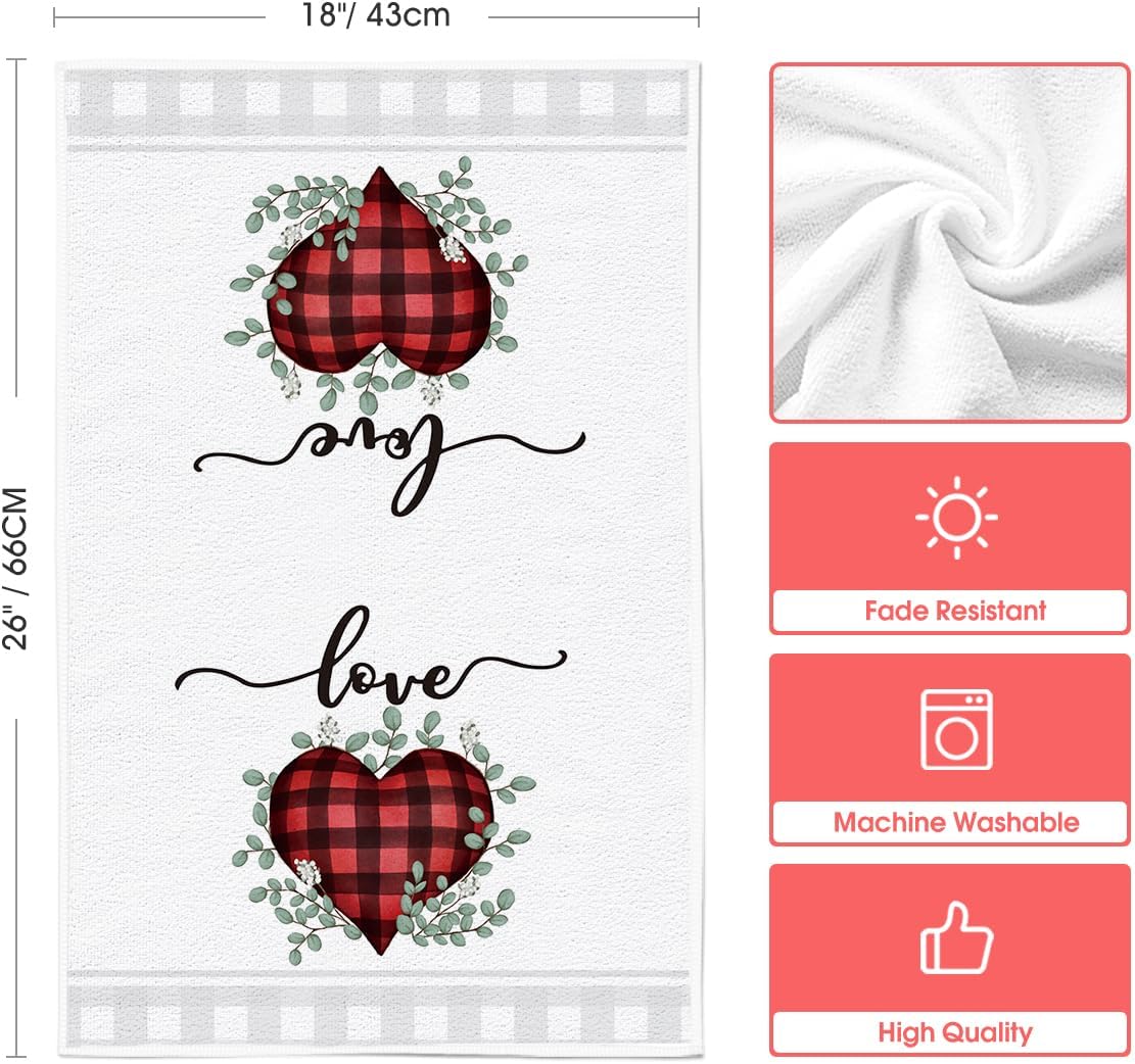 Artoid Mode Red Buffalo Plaid Heart Love Valentine's Kitchen Towels Dish Towels, 18x26 Inch Anniversary Wedding Decoration Hand Towels Set of 2