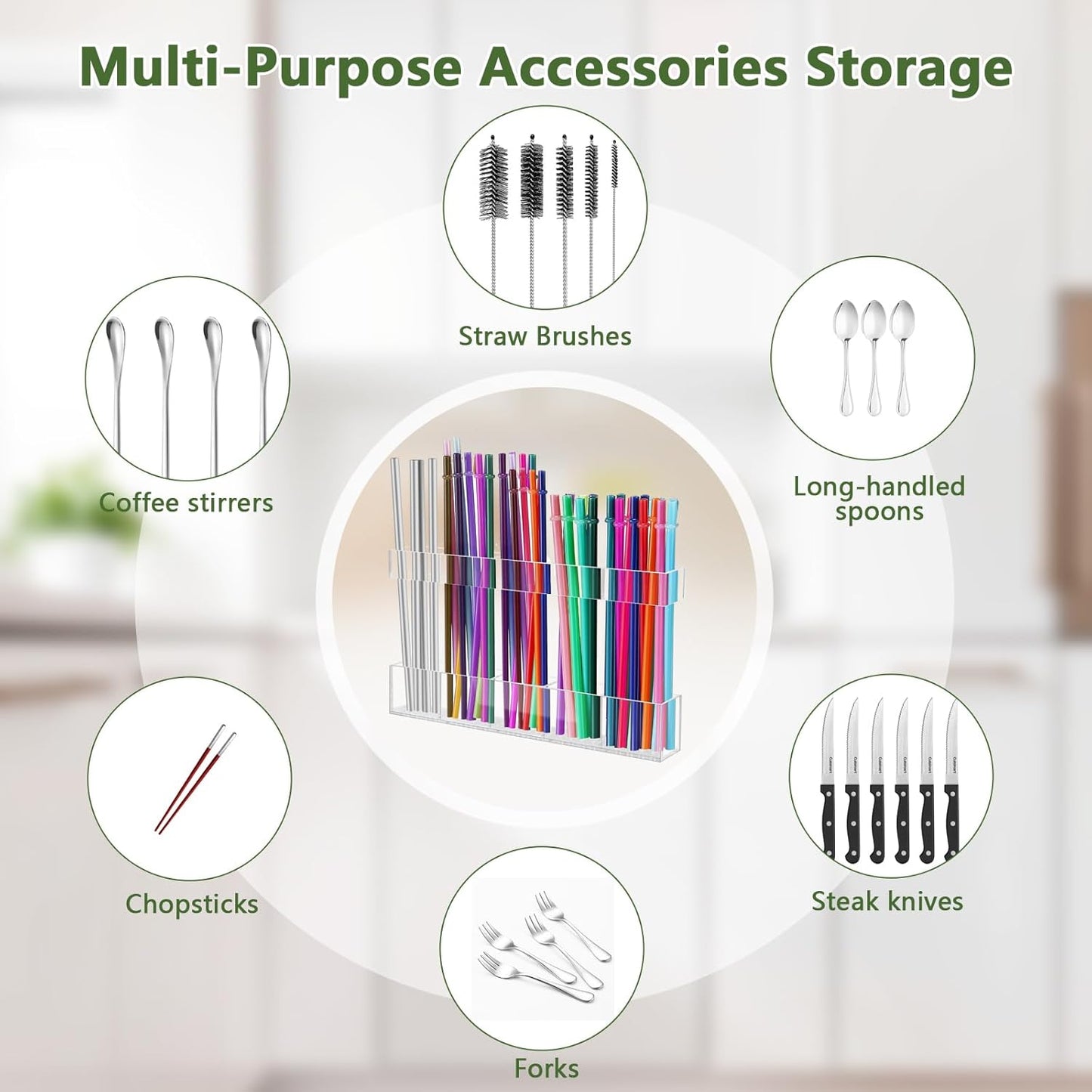 9.5” Large Acrylic Straw Holder for Cabinet Door - Reusable Tumbler Straw Organizer Storage, Small Kitchen Accessories Container, Ultra Sticky Cupboard Door Mounted (Transparent)