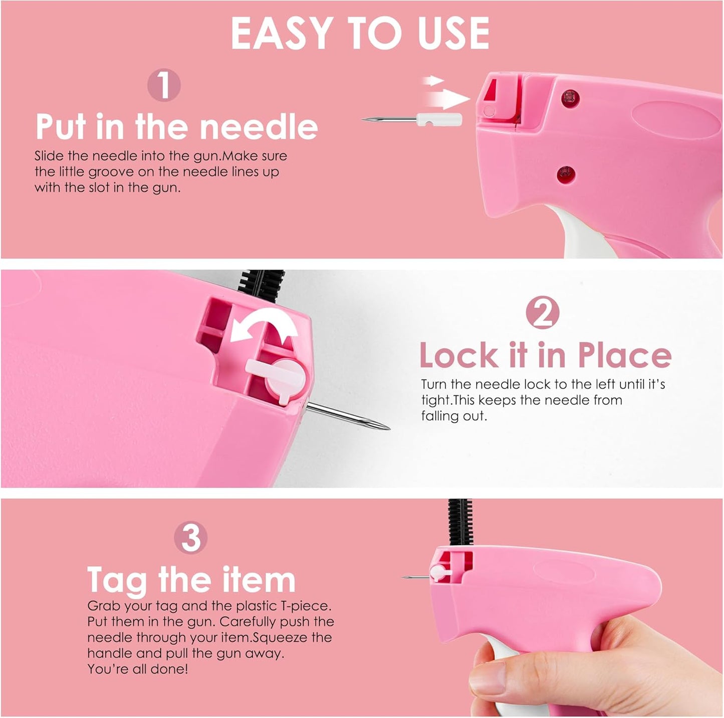 Handheld Stitch Tag Gun for Clothes, Quick Clothing Fixer, Tagging, Sewing Kit Includes 6 Needle, 1000 Black Fasteners & 1000 White Fasteners, Pink