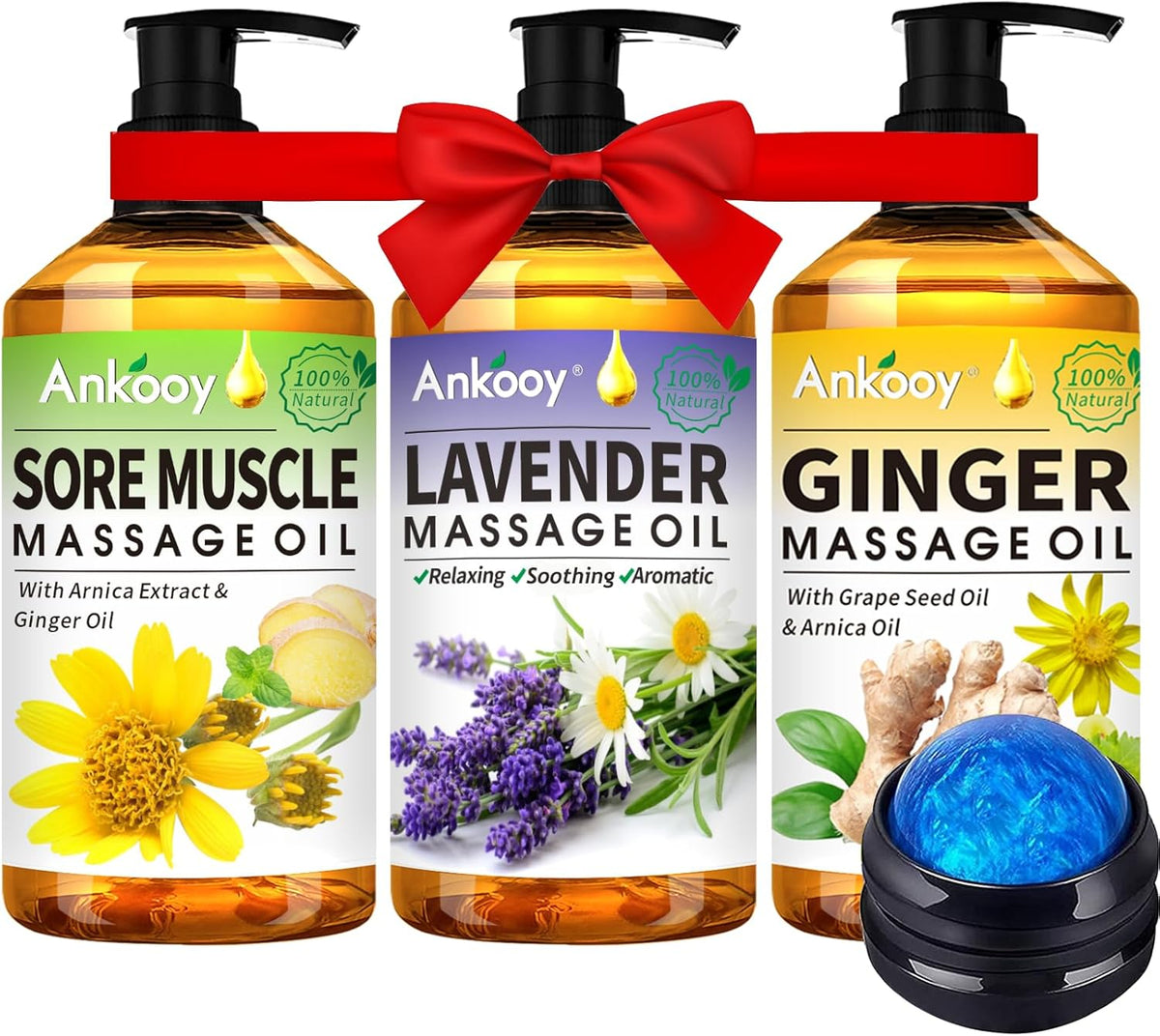 Valentines Day Gifts for Him & Her-3 Pack Massage Oil for Massage Therapy,Sore Muscle Arnica Oil & Relaxing Lavender Oil & Ginger Oil Lymphatic Drainage & Massage Ball,Valentines Gifts for Men Women