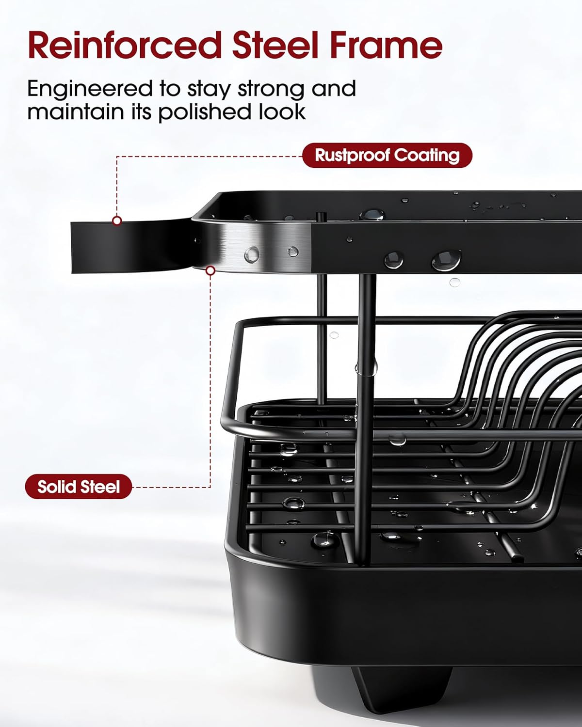 Stainless Steel Dish Drying Rack for Kitchen Counter, Sink Organization and Storage Essentials with Silverware & Utensil Holder, Home and Apartment Decor, 12''W x 15.5''L, Black
