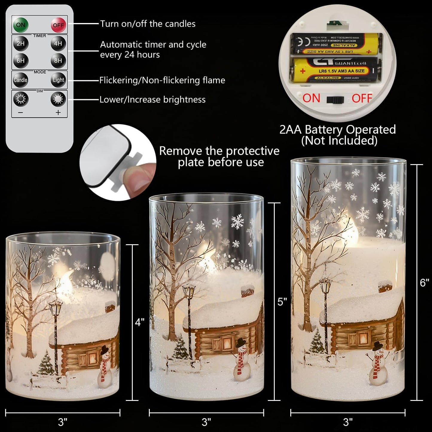 DRomance Snowman Glass Flameless Candles Battery Operated with Remote and Timer Real Wax LED Flickering Pillar Candles White Cold Light Window Christmas Holiday Decor D3 x 4",5",6"