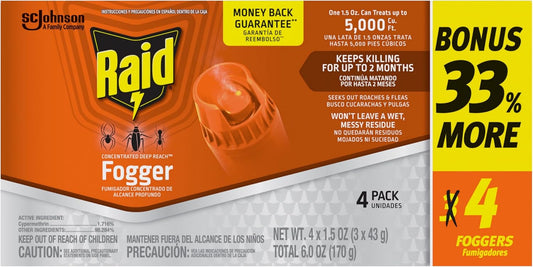 Raid Concentrated Deep Reach Pest Killer & Roach Fogger, 1.5 fl oz, 4 Count