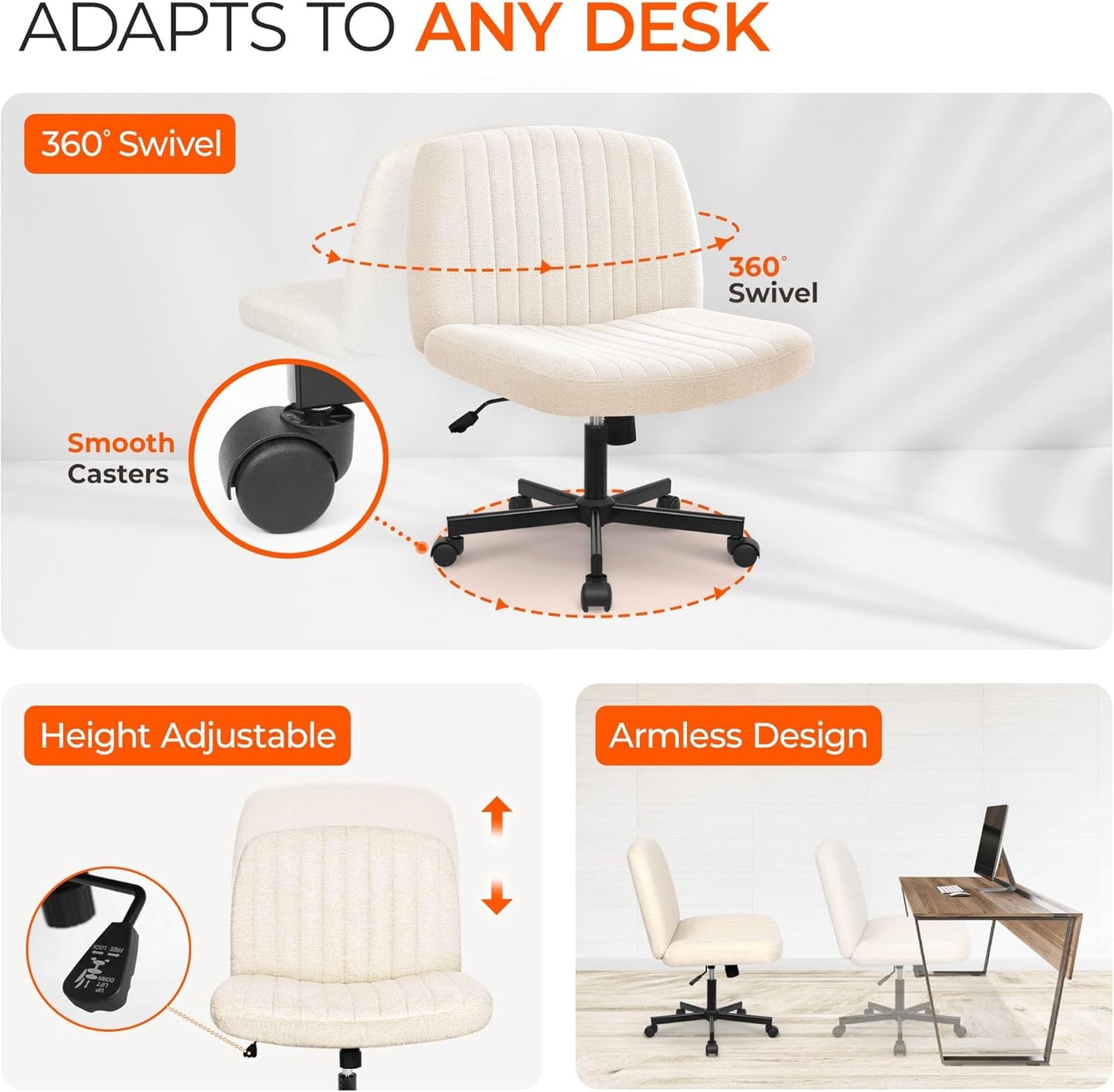 Orange Factory Criss Cross Chair Wheels Wide Cross Legged Office Desk Vanity Chair Comfy Fabric Armless Adjustable Swivel for Home Computer Task (Beige)