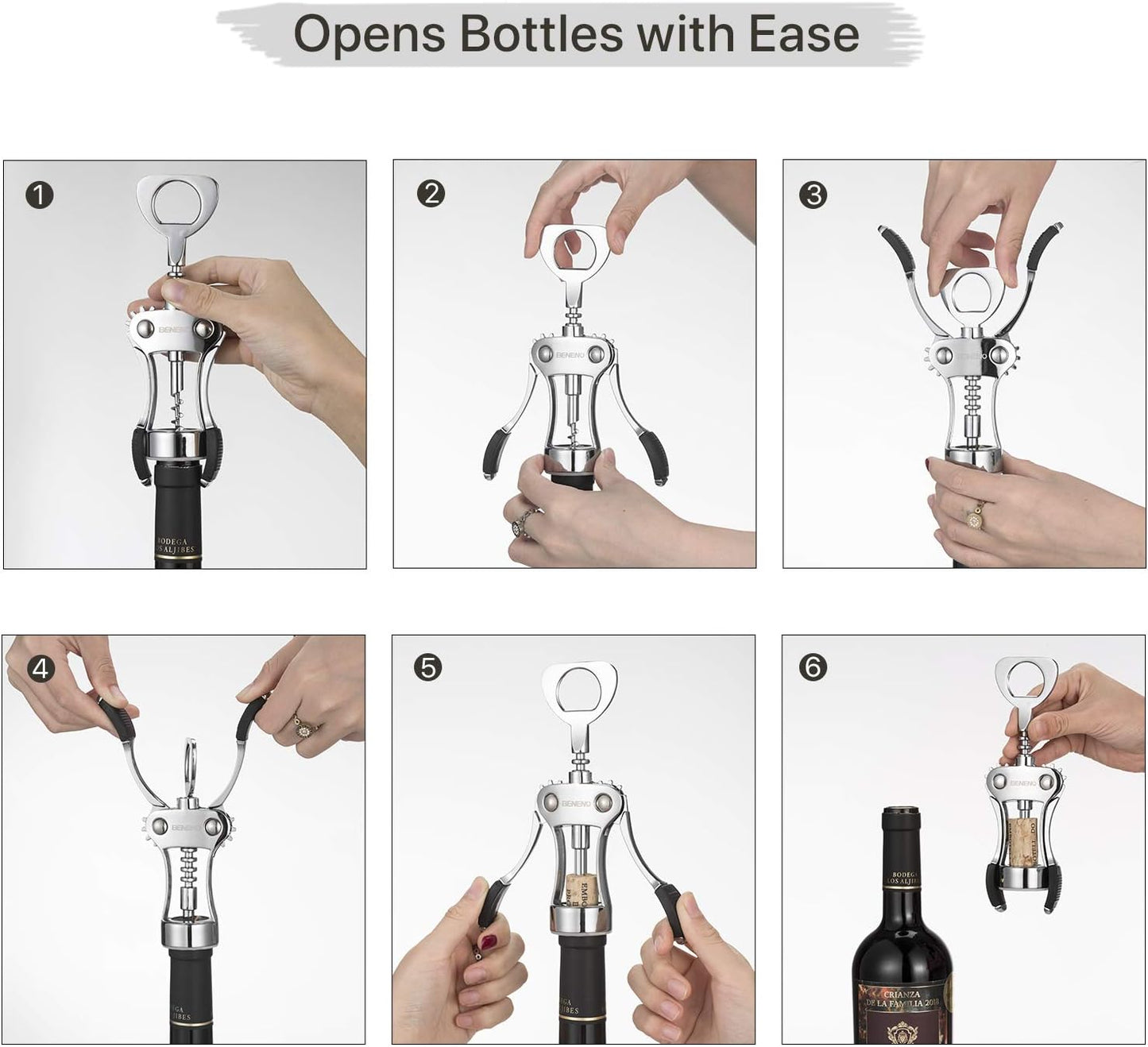 Beneno Wine Opener, Zinc Alloy Premium Wing Corkscrew with Multifunctional Bottles Opener, Sharp Wine Corkscrew with Ergonomic Non-Slip Wing Handle, Silver