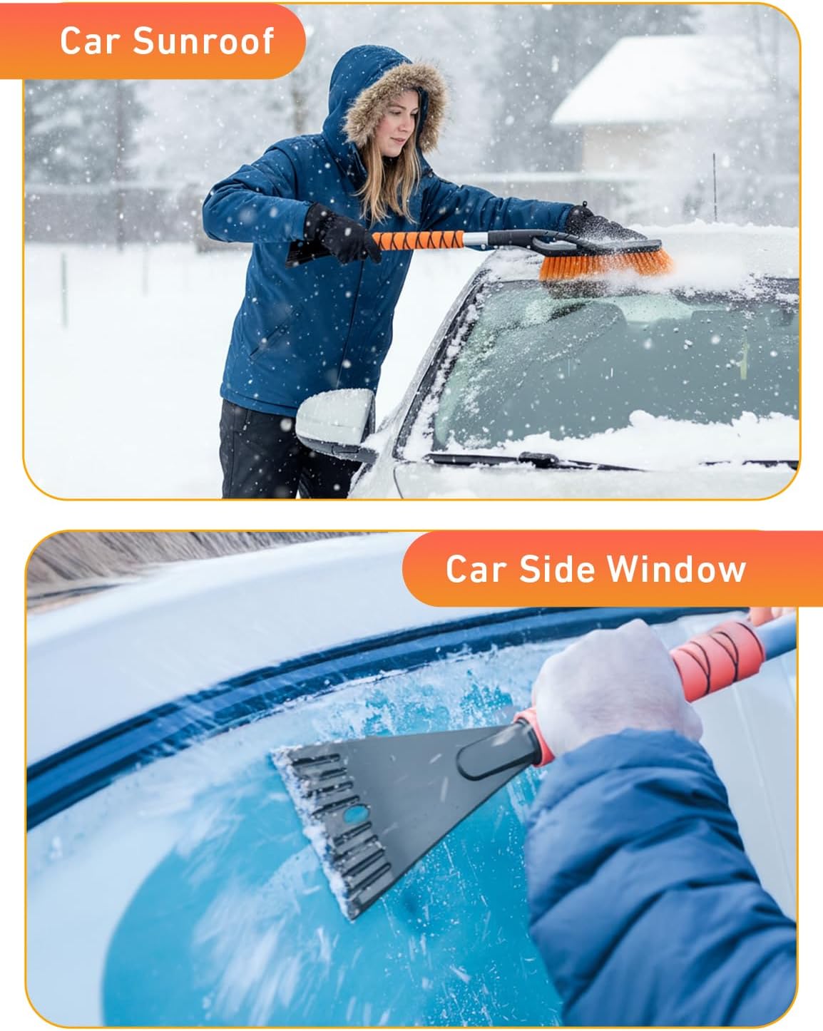 EcoNour 27" Aluminum Snow Brush with Ice Scrapers for Car Windshield and Window | Car Snow Scraper and Brush with Ergonomic Foam Grip Winter Accessories (Orange)
