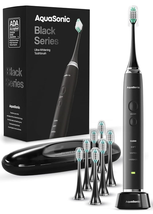 Aquasonic Black Series Ultra Whitening Toothbrush – ADA Accepted Electric Toothbrush- 8 Brush Heads & Travel Case – 40,000 VPM Electric Motor & Wireless Charging - 4 Modes w Smart Timer