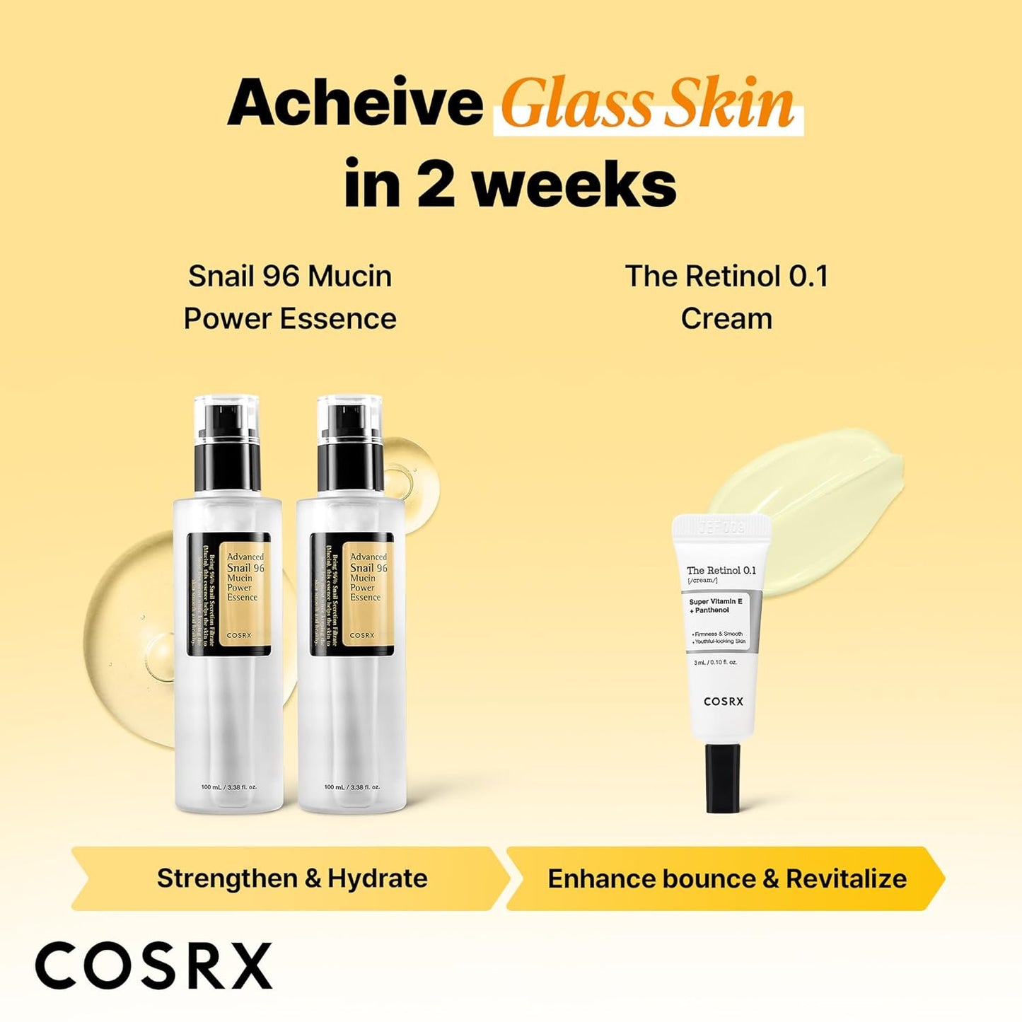 COSRX Snail 96% Mucin Power Essence 2ea & Retinol 0.1% Cream Mini Sample 1ea, Glass Skin Starter Set, Amazon Exclusive, Daily Hydrating & Firming Korean Skin Care Kit, Gift Set