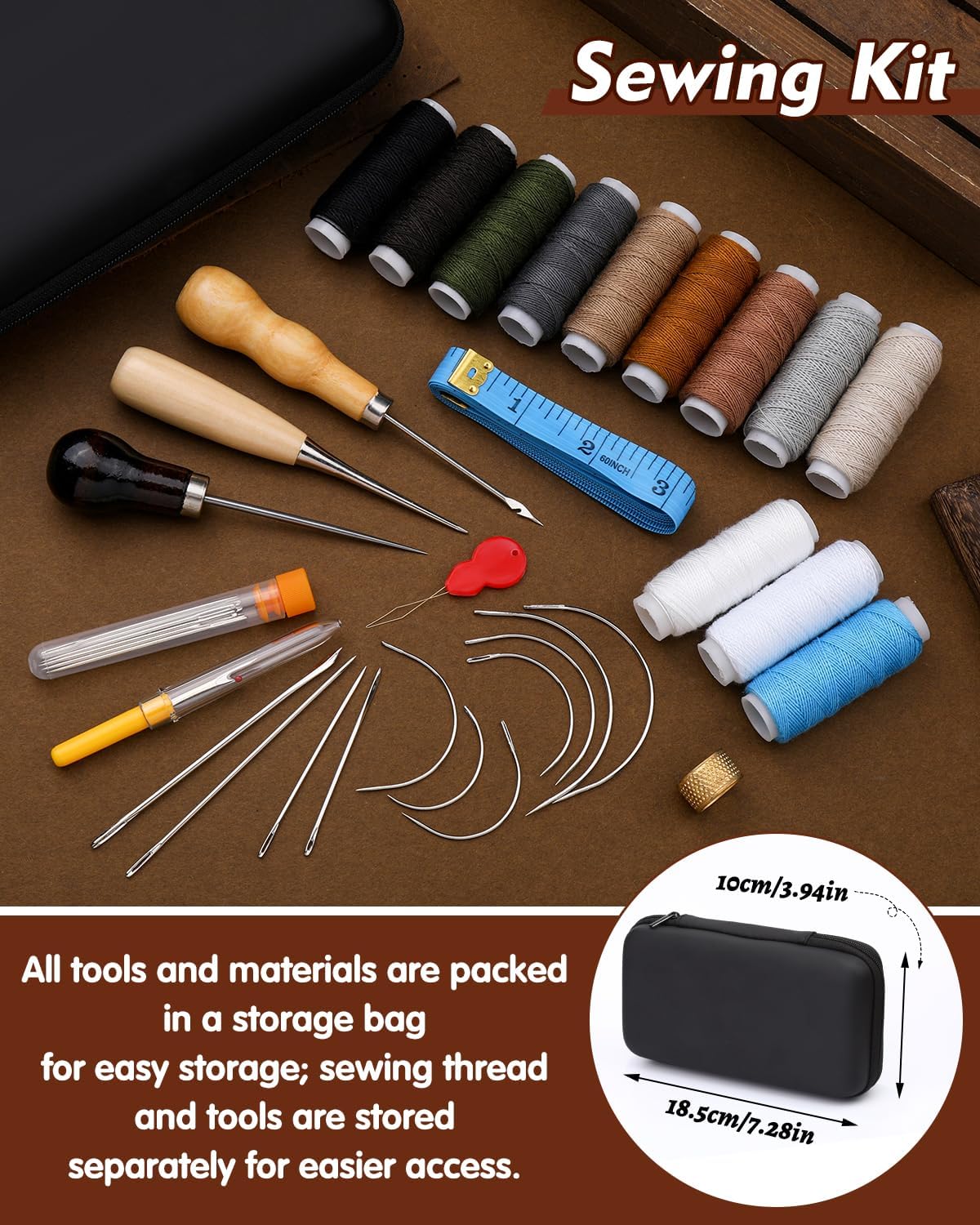 BAGERLA Heavy Duty Sewing Kit, Needle and Thread Kit with Upholstery Thread Needles Sewing Awl Seam Ripper for Car Seats Carpets Shoes Backpacks DIY Crafting