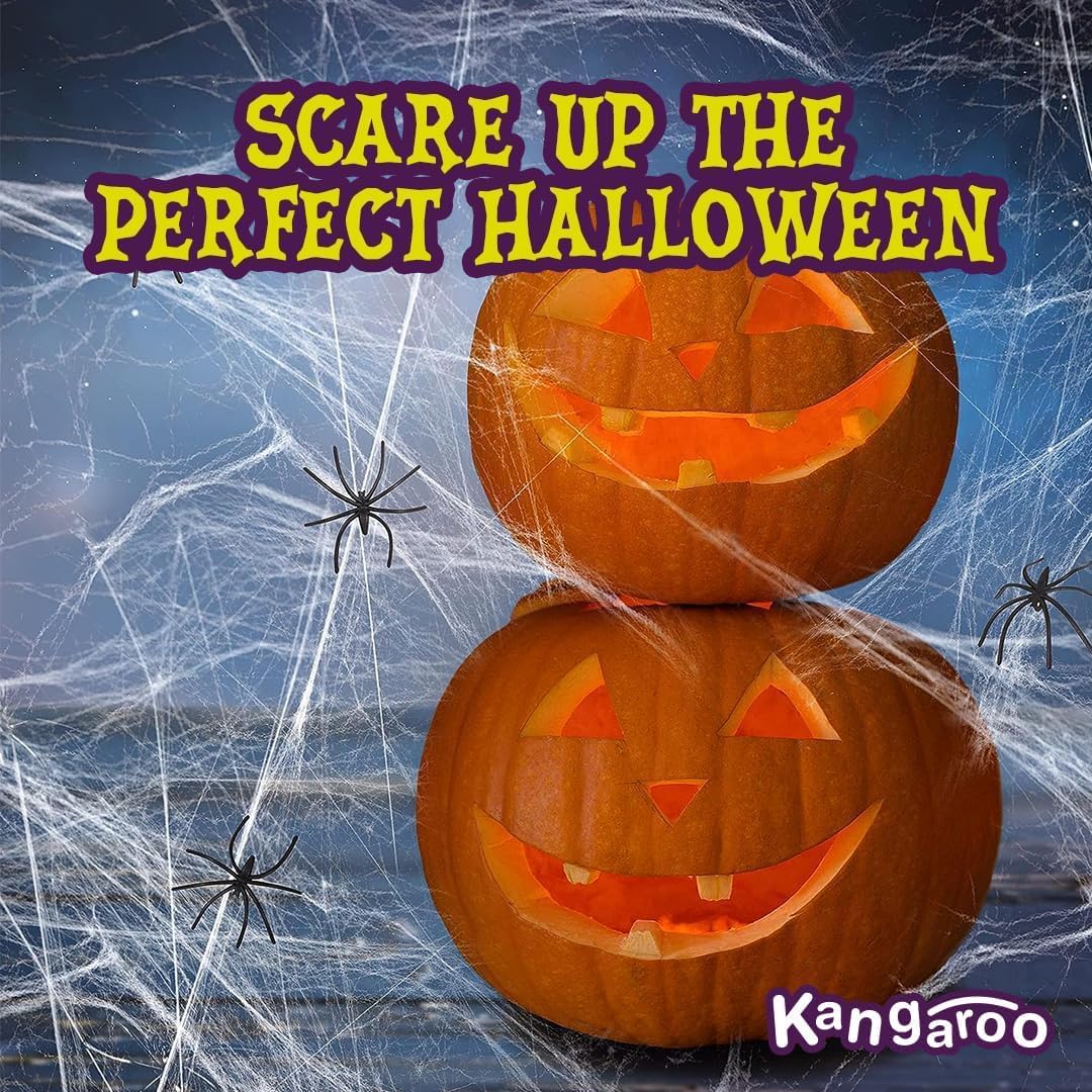 Kangaroo 200 sq. Ft Fake Spider Webs Decorations - Spiderweb Webbing Halloween Cobwebs Decor - Scary Halloween Decor Indoor Outdoor Party Wall, Graveyard Decoration Props - 4 Fake Spiders Included