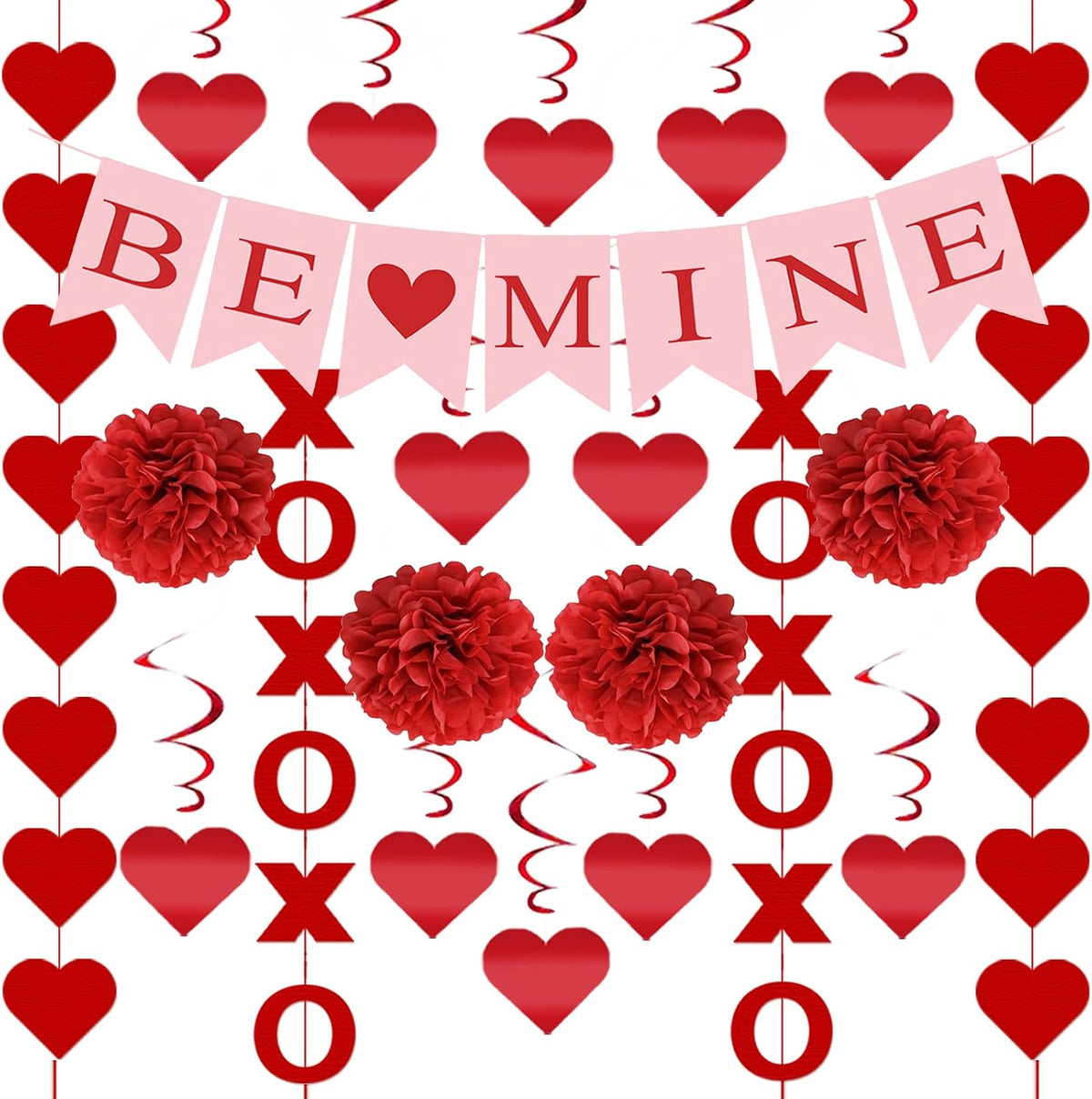 21Pcs Valentines Day Decorations Valentines Day Decor Pre-Assembled Hanging Heart Swirls BE Mine Love Heart XO Garlands Banner for Home Classroom Office Wedding Party
