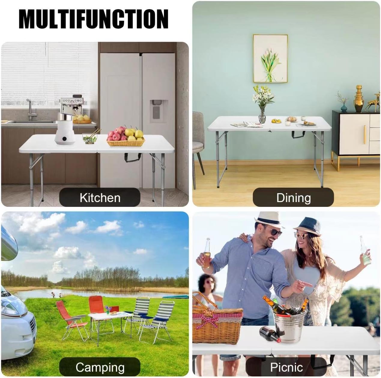 Folding Table 4 Foot Portable Heavy Duty Plastic Fold-in-Half Utility Table Small Indoor Outdoor Adjustable Height Folding with Carrying Handle, Camping and Party,White