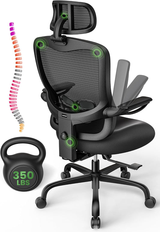 Ergonomic Office Chair Big and Tall - 6'5" Tall Max, 350Lbs Capacity Computer Desk Chairs Over 10 Hours Comfortable, with Adjustable Mesh High Back, Lumbar Support, 3D Headrest, Flip-up Arms