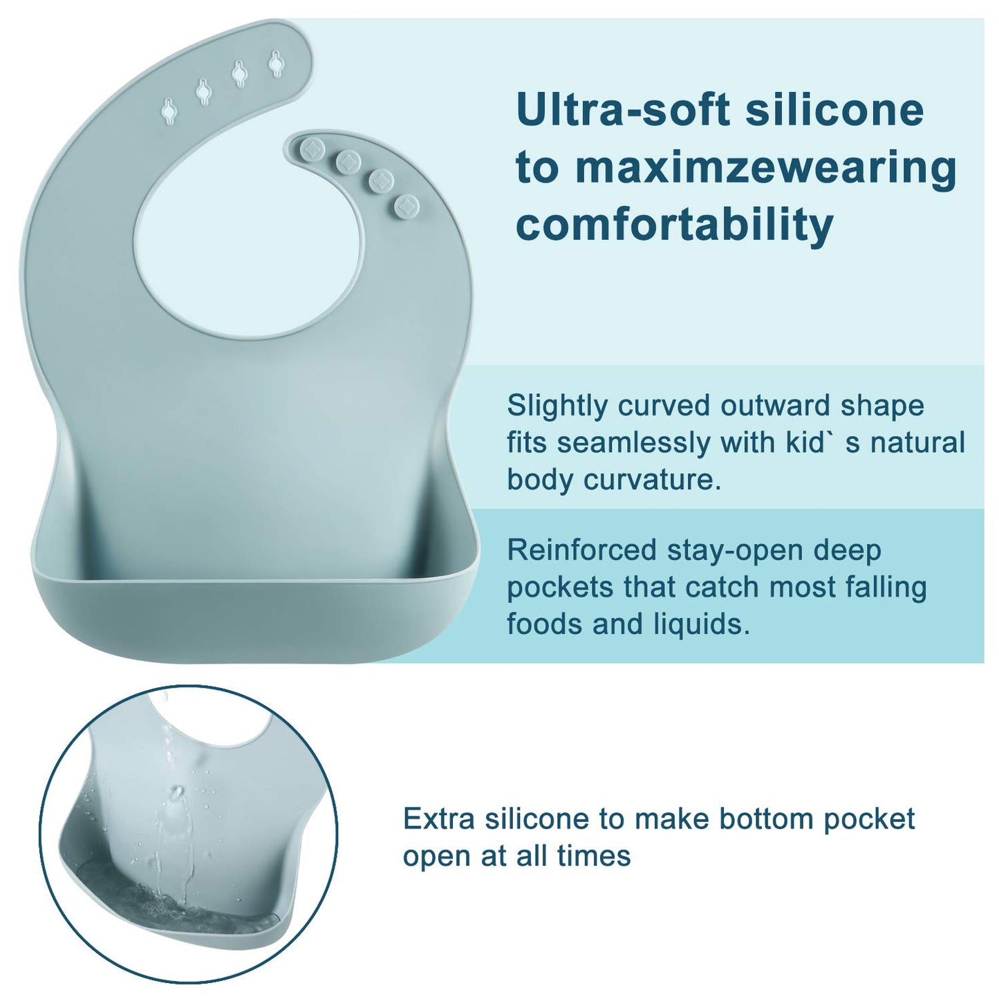 Baby bib with text describing its features