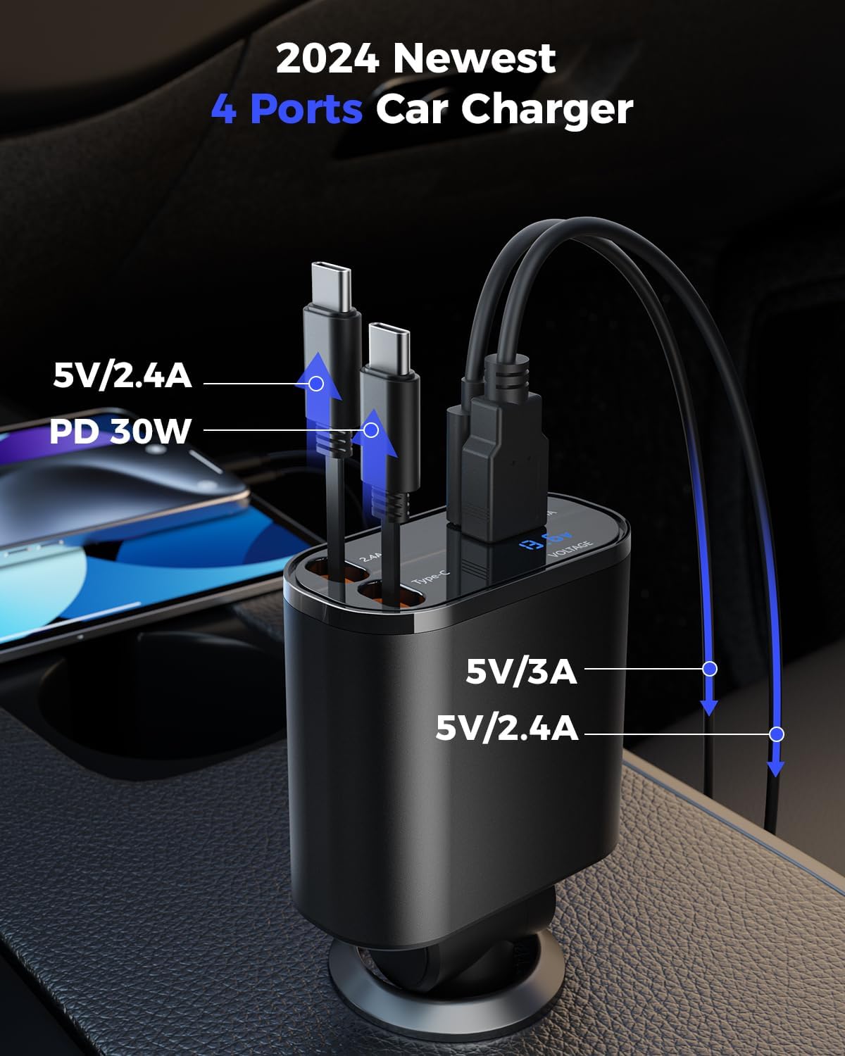 SUPERONE Retractable Car Charger for iPhone with Dual Type C Cables, 4 in 1 USB C Car Charger Adapter with PD 60W Fast Charging Compatible with iPhone 17 16 15 14 13 12 11 Pro/XS/XR/SE/iPad/Airpods