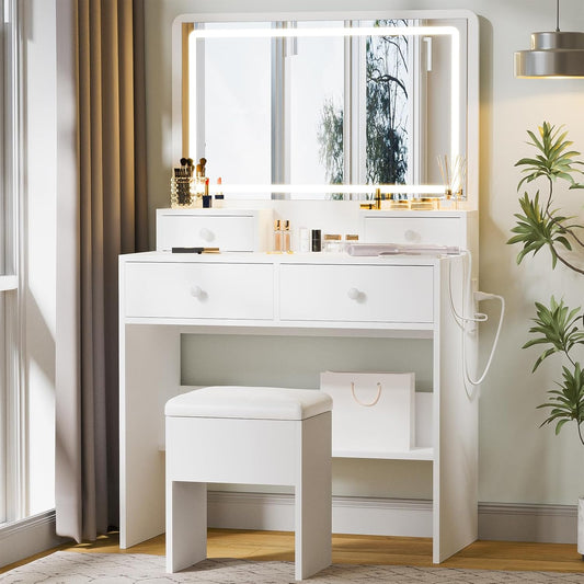 Haewon Vanity Desk with Mirror and LED Lights, White Makeup Vanity with Power Outlet, Storage Drawers and Chair, Dressing Table Set for Bedroom Dressing Room