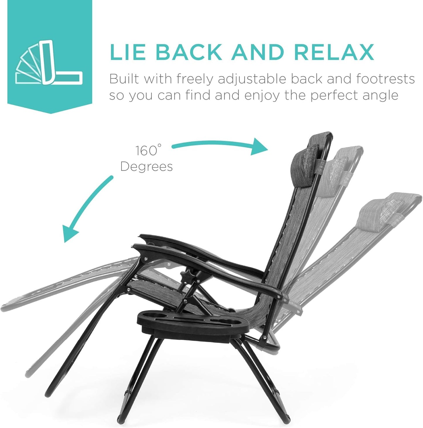 Best Choice Products Set of 2 Adjustable Steel Mesh Zero Gravity Lounge Chair Recliners w/Pillows and Cup Holder Trays - Gray