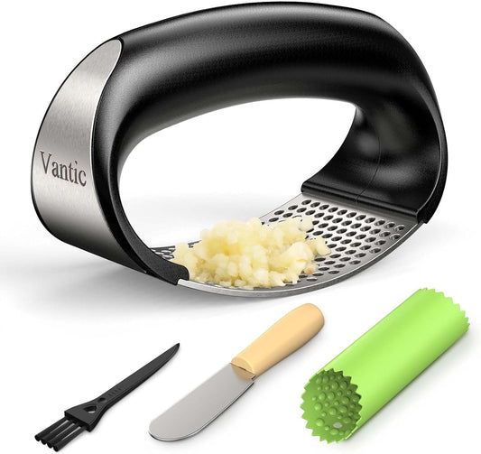 Vantic Garlic Press Rocker - Stainless Steel Garlic Crusher, Mincer and Chopper with Peeler & Scraper, Easy Kitchen Gadget for Effortless Smashing