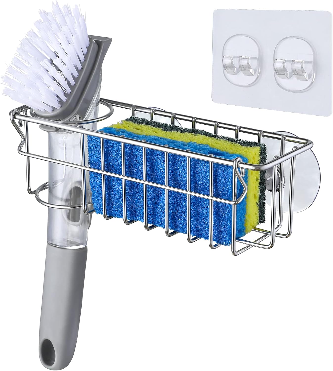 3-In-1 Sponge Holder for Kitchen Sink with Suction Cups & Adhesive Hook, In-sink Sponge Holder, Wall Hanging Sink Caddy Organizer Rack - Sponge, Dish Cloth, Brush, Scrubber - 304 Stainless Steel