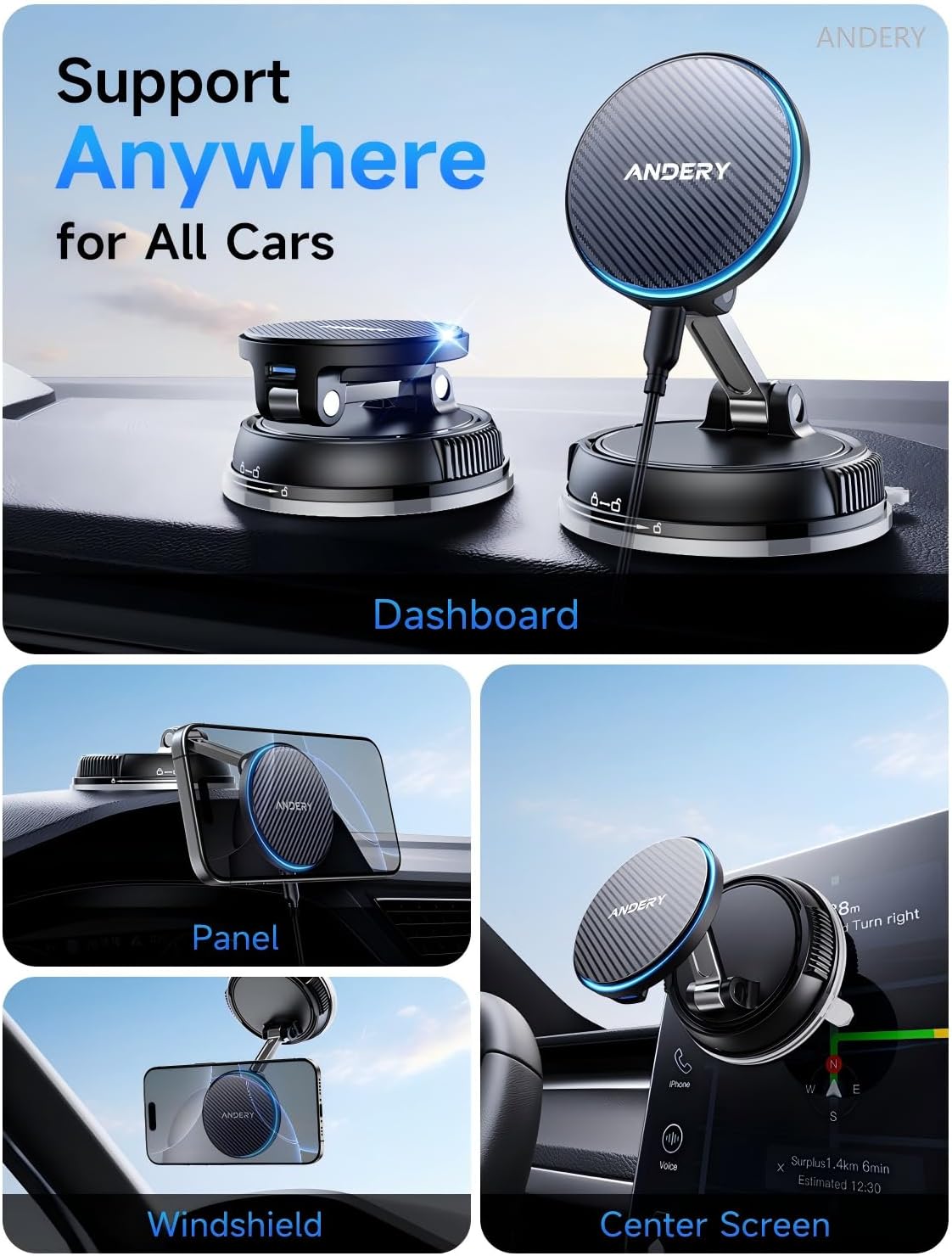 ANDERY Only for iPhone Magsafe Car Mount Charger [15W Fast Wireless Charging, 78+LBS Strong Suction, 2400gf Strong Magnetic] 360° Adjustable Car Phone Holder, Phone Holders for Your Car, Carbon Fiber