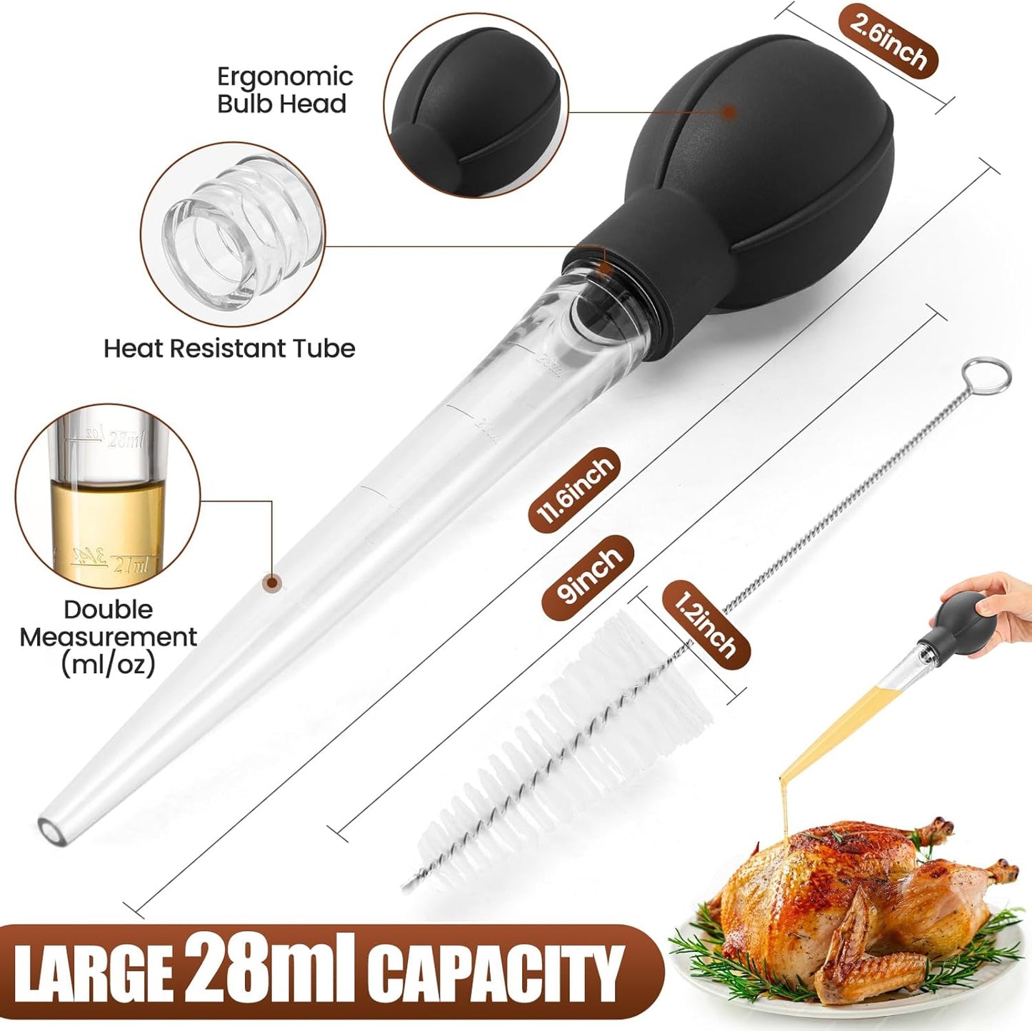 Premium Turkey Basters for Cooking – Baster Syringe for Hot Liquids – Meat and Food Injector – Essential Thanksgiving Cooking Tool – Turkey Baster Large with Cleaning Brush(Black)