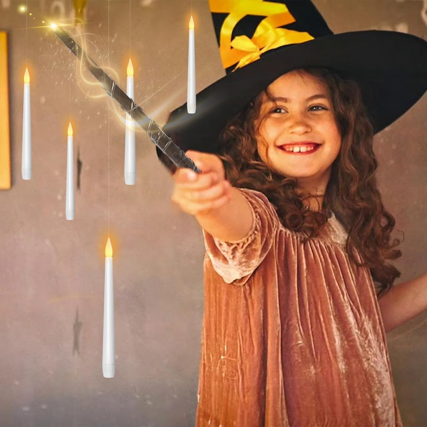 Flameless Floating Candles with Wand，20 Pcs Magic LED Hanging Taper Candles，Flickering Battery Operated Taper Candle with Wand Remote for Halloween Decorations Best Gift（White）