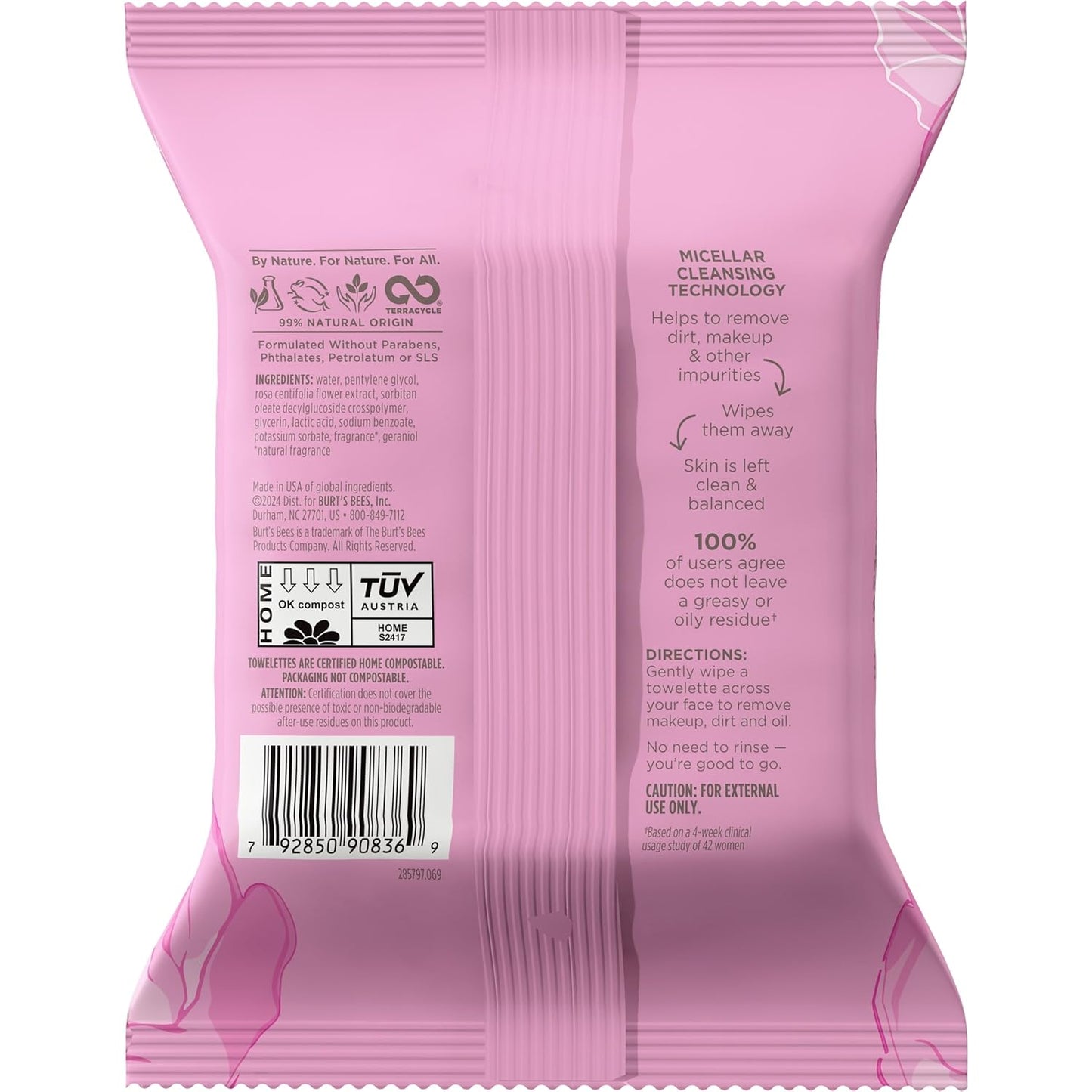 Burt's Bees Stocking Stuffers, Rose Water Face Wipes, for All Skin Types, Hydrating Micellar Makeup Remover & Facial Cleansing Towelettes, Skin Care Christmas Gifts, 30 Ct (3-Pack)