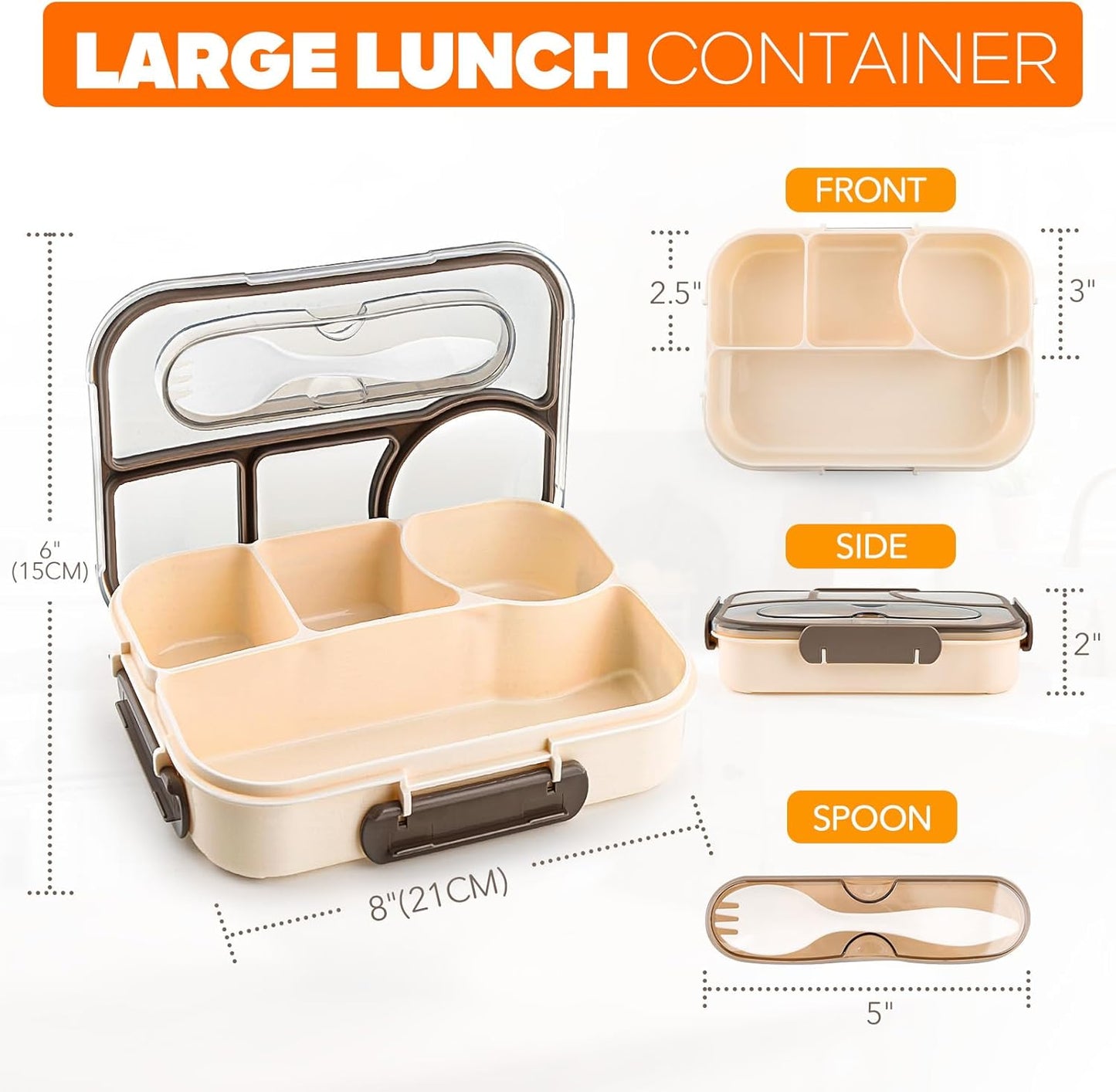 EASYFUN Bento Box Adult, Lunch Box Kids, 4-Compartment Lunch Containers, Drop-Proof, Dishwasher Safe & Made with BPA-Free Materials(Khaki)