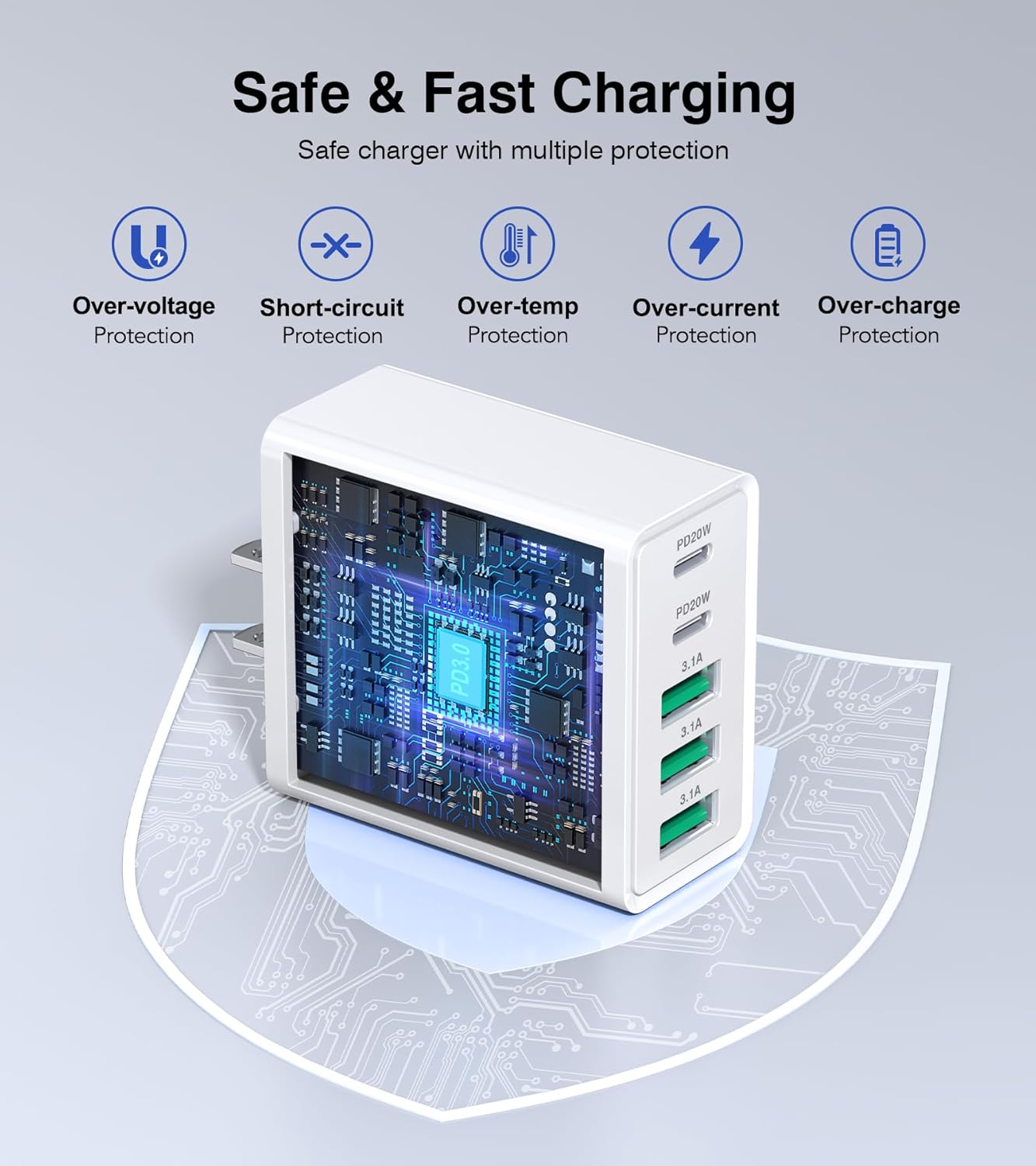 USB C Wall Charger, 50W 5-Port PD Fast USB C Charging Block,2USB C+3USB A Multiport Plug,Type C Power Adapter Brick Cube for iPhone 16/15/14/13/12/Pro Max/XS,iPad,for Switch,Samsung,Ultra 2