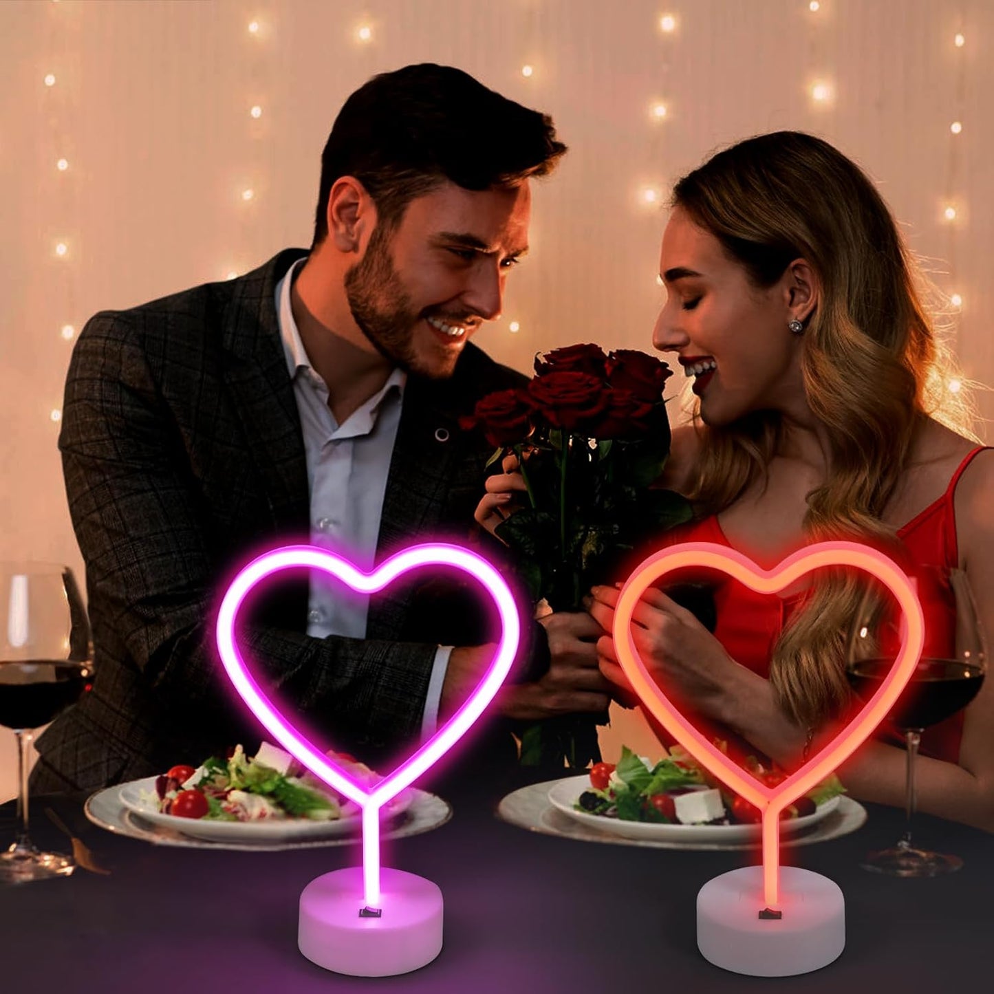 BRIGHTDECK 2 Pack Heart Neon Signs, LED Neon Sign Battery Operated or USB Powered Valentine's Day Decorations, Neon Lights Heart Decor for Valentine's Day Gifts, Wedding, Party, Pink Room Decor
