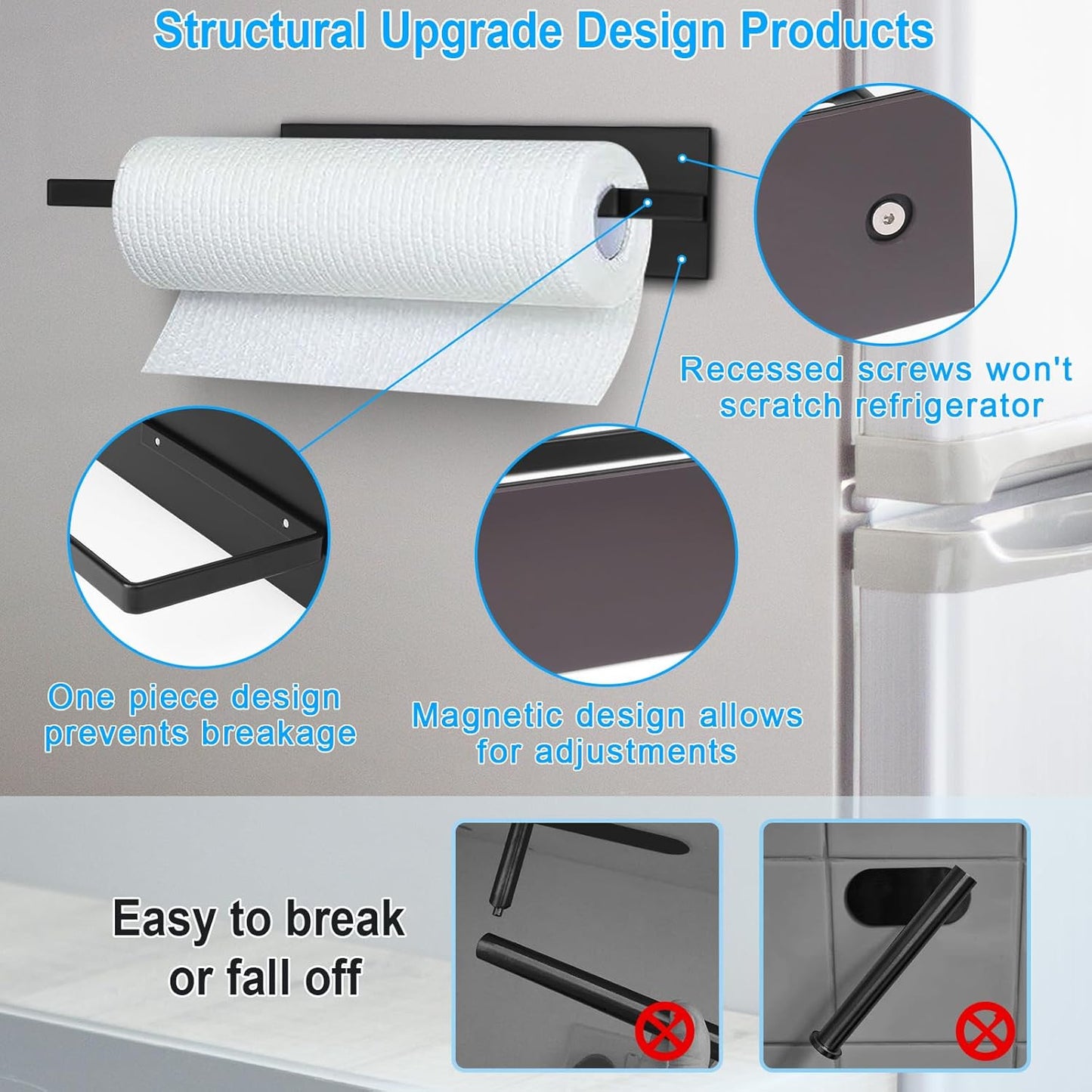 Paper Towel Holder, Magnetic Paper Towel Holder for Fridge, Toilet Paper Roll Holder Magnet Towel Rack Wall Mount Fridge Organizer for Paper Towels Rolls Bathroom Pantry RV Kitchen Storage