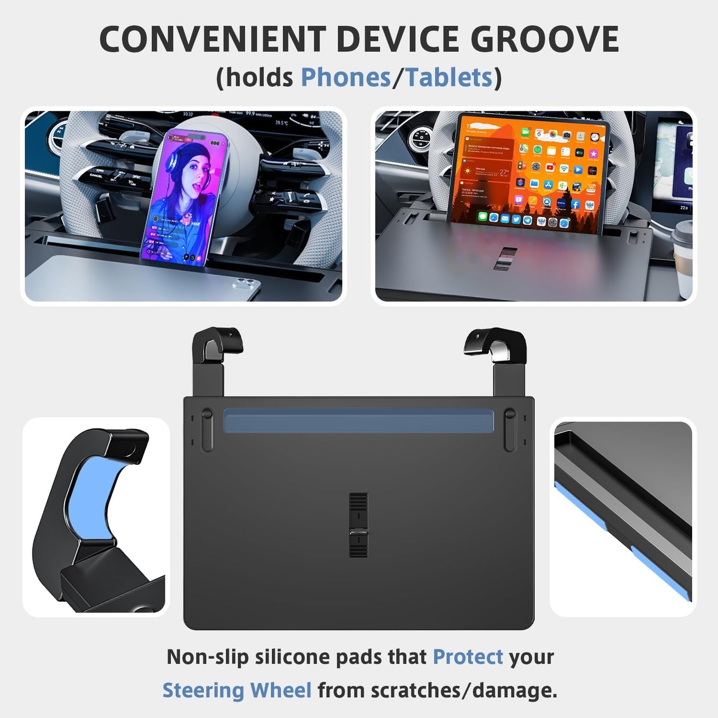 Steering Wheel Tray, Car Food Tray, Car Desk for Laptop, Multipurpose Car Table for Eating & Work, Adjustable Car Tray with Drawer and Anti-Slip Protective Adhesive