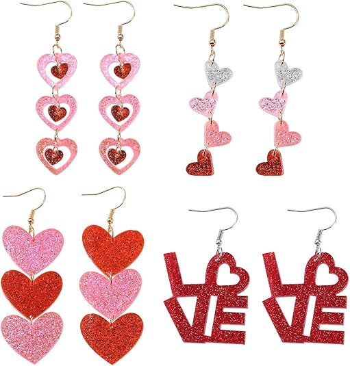 4 Pairs Valentine's Earrings for Women Love Heart Dangle Earrings Valentines Gifts for Wedding Decoration Valentine's Jewelry
