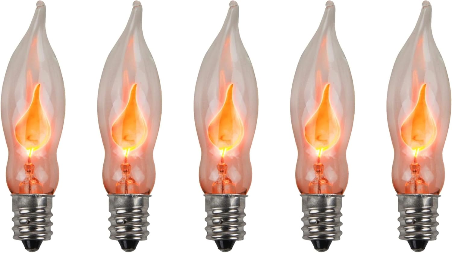 Creative Hobbies A101 Flicker Flame Light Bulb - 3 Watt, 130 Volt, E12 Candelabra Base, Nickel Plated Base - Dances with a Flickering Orange Glow | 5 Pack
