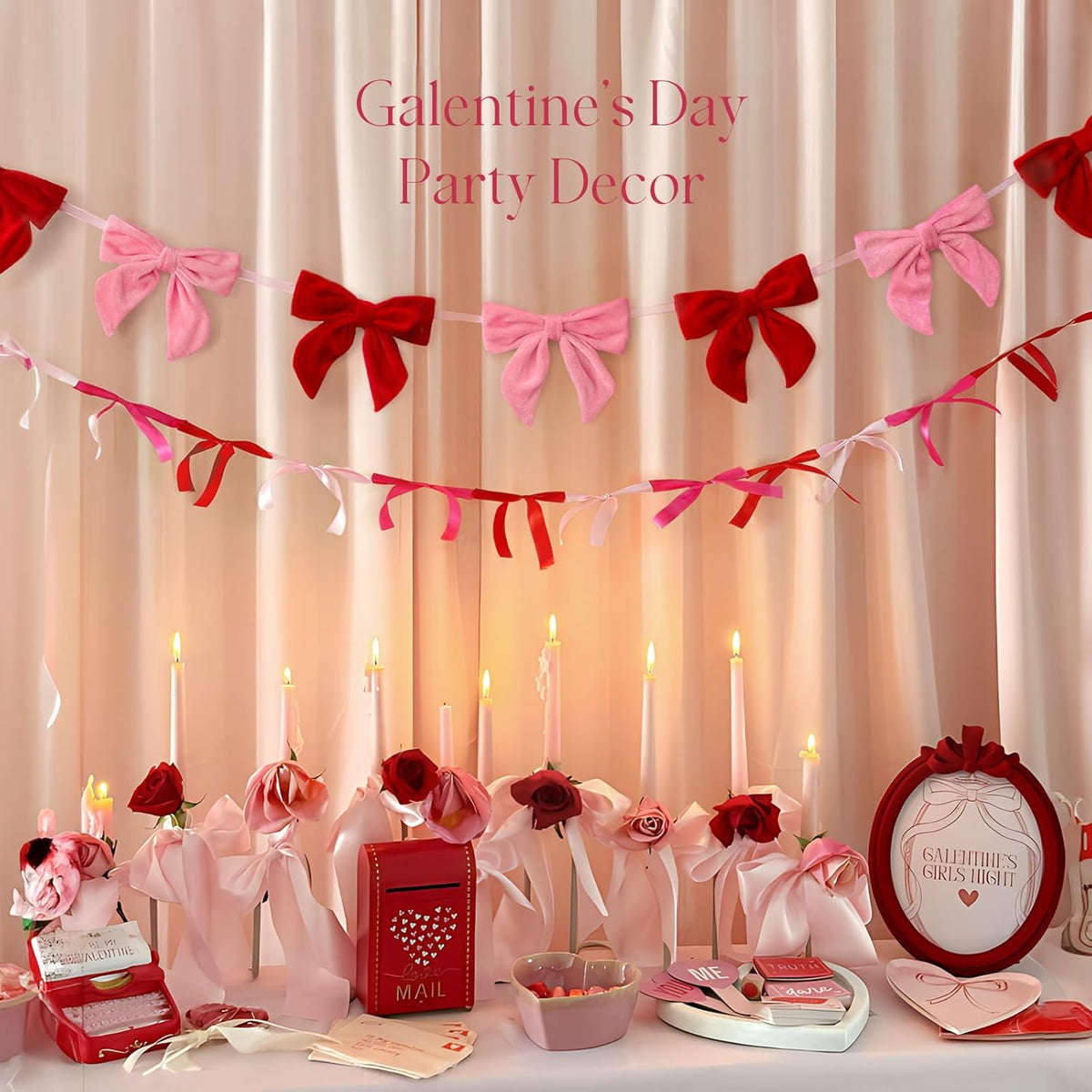 Valentines Day Decorations - 6.5 Ft Pink and Red Velvet Bow Garland - Valentines Day Decor for Home Party Office - Coquette Room Decor for Tree Door Table Wall Window Mantel