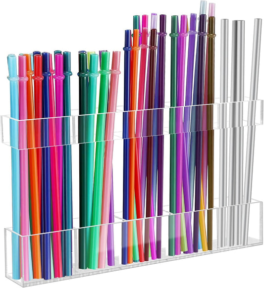9.5” Large Acrylic Straw Holder for Cabinet Door - Reusable Tumbler Straw Organizer Storage, Small Kitchen Accessories Container, Ultra Sticky Cupboard Door Mounted (Transparent)