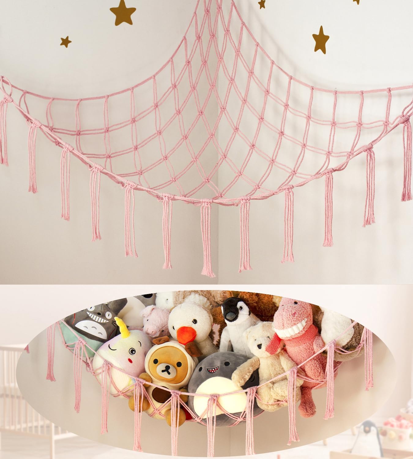Stuffed Animal Storage Hammock Corner Net - Pink Room Decor for Teen Girls - Toys Storage Hanging Stuff Animal Organizer Holder Cute Stuff - Boho Nursery Dorm Bedoom Decor Aesthetic