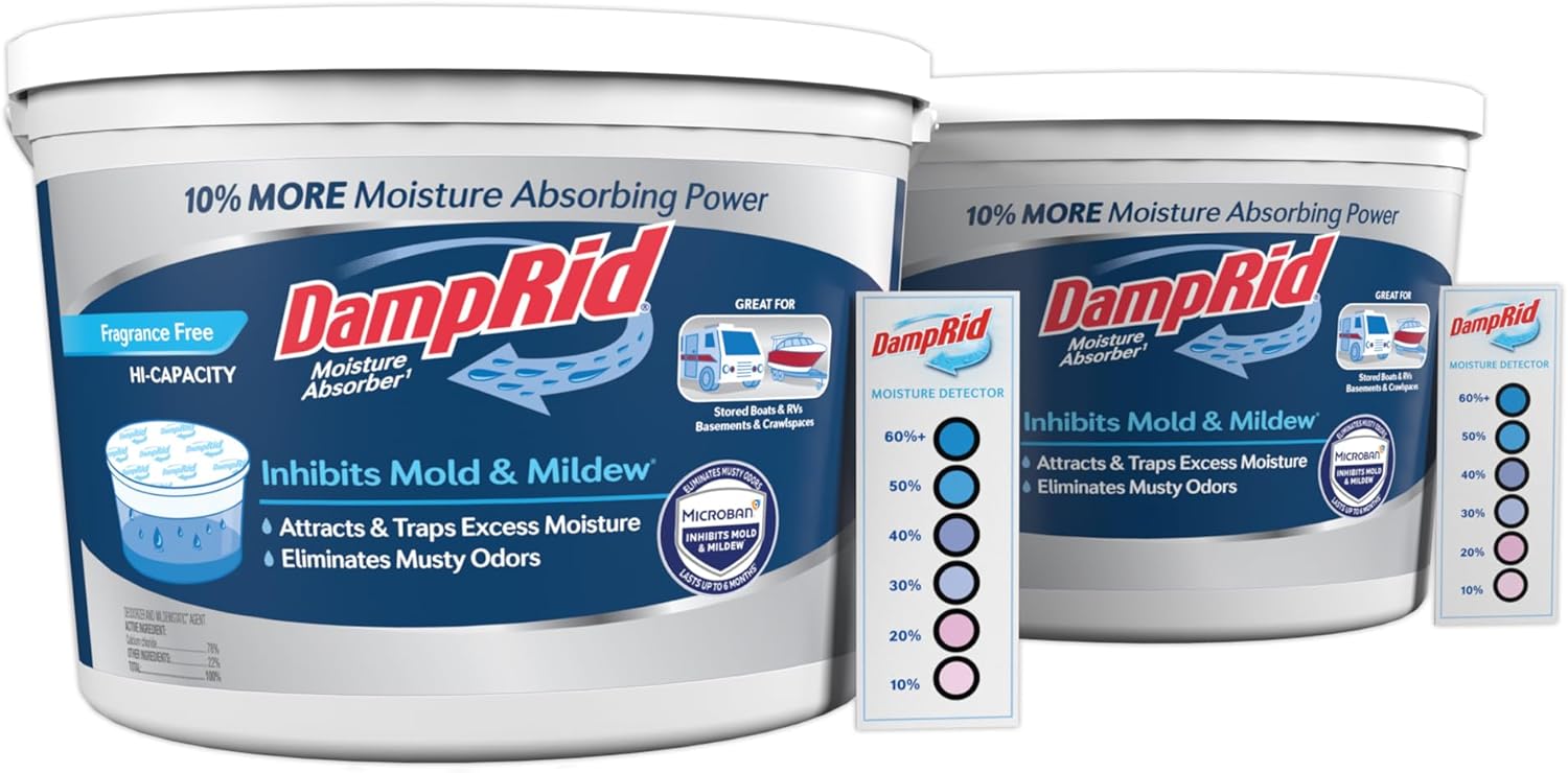DampRid Hi-Capacity Moisture Absorber Bucket, Fragrance Free, 2 lb. 15.5 oz. & Moisture Detection Strip (2 Pack), Attracts & Traps Excess Moisture