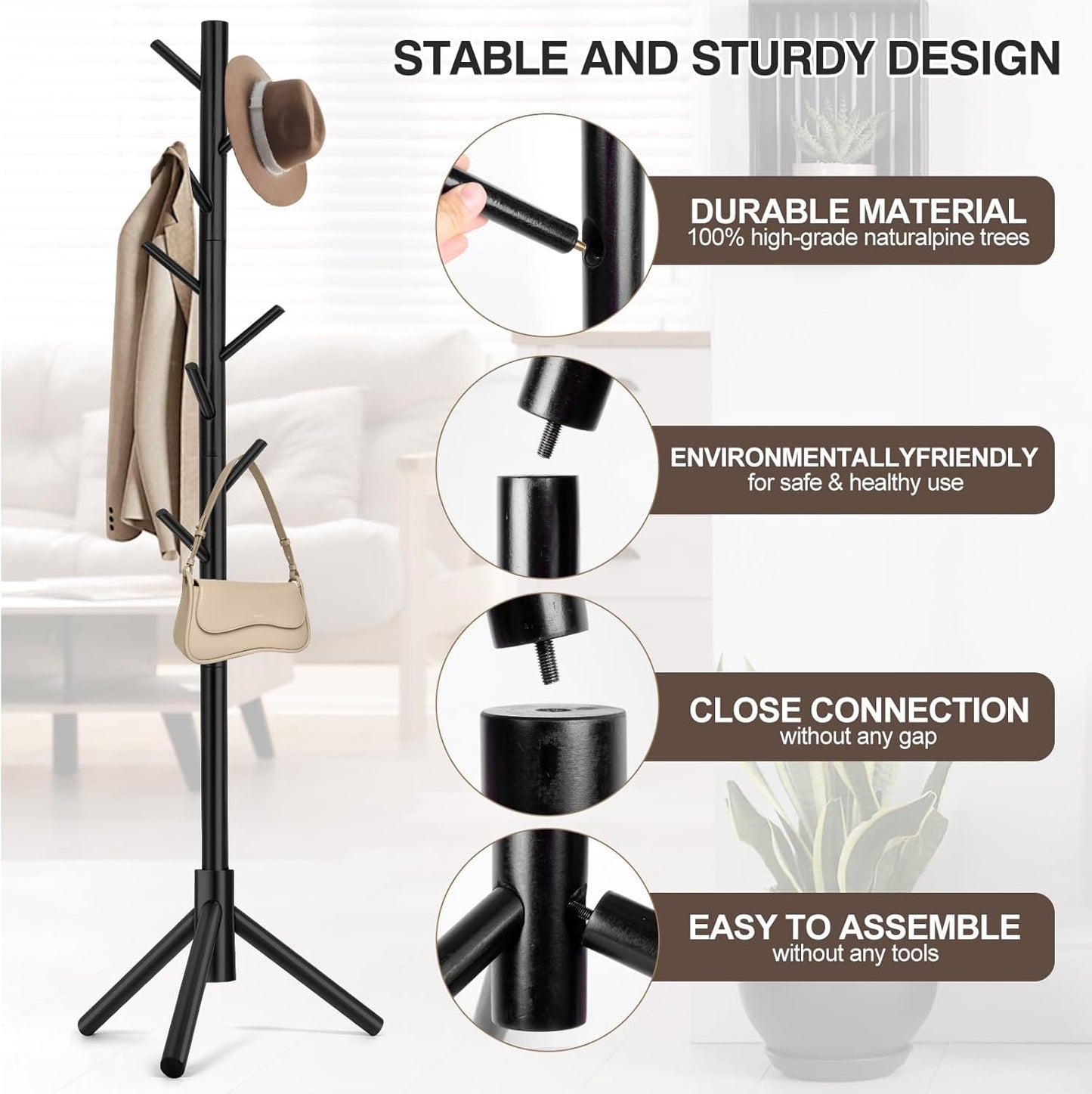 Coat Rack, Freestanding Coat Rack with 8 Hooks and 3 Adjustable Size Tree Coat Racks for Bedroom, Hallway, Entrance, Office, for Hats, Coats, Scarves, Handbags