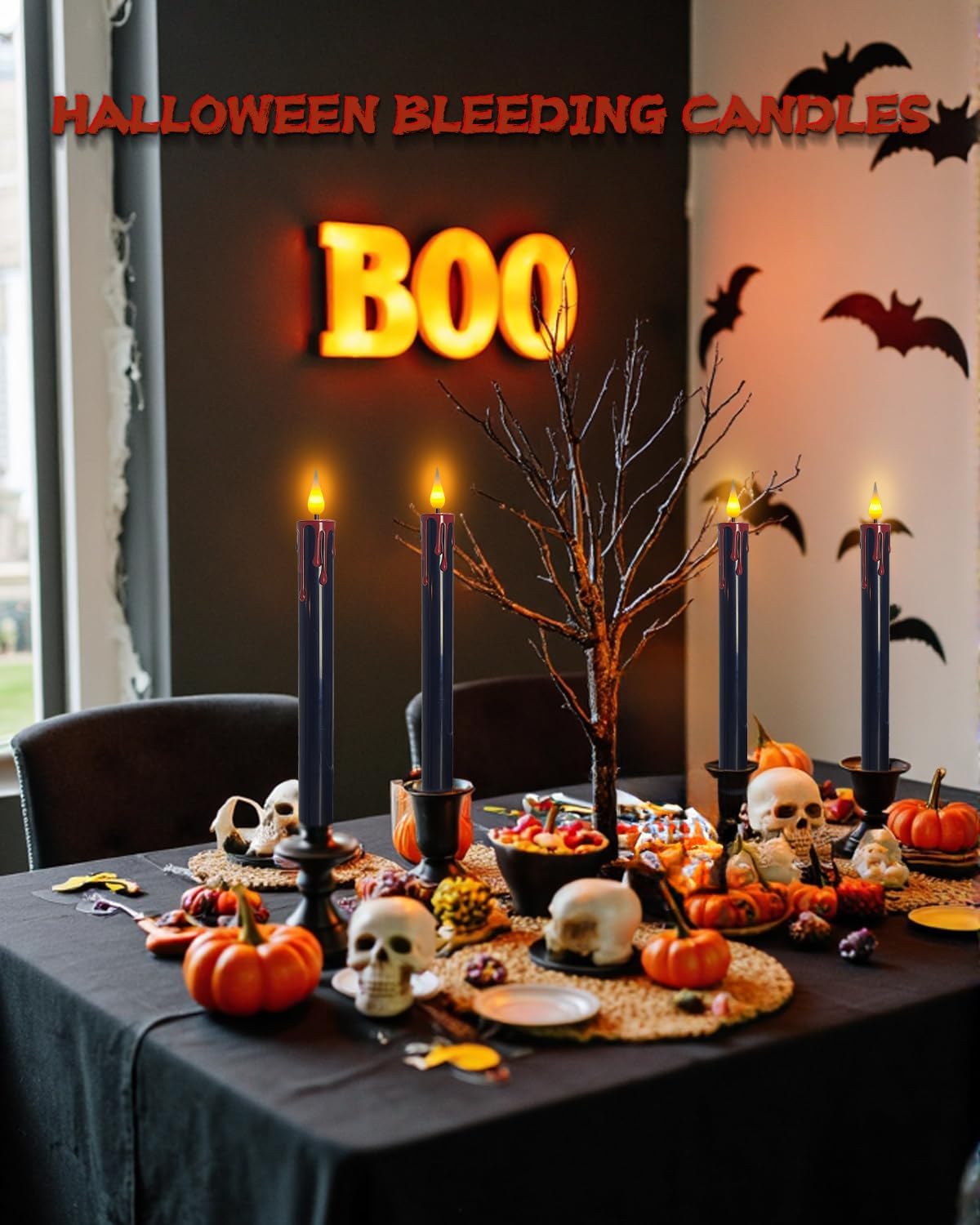 Flameless Bleeding Candles – 6 Pack, Black LED Taper Candles with Red Dripping Wax Effect, 0.8 x 9.9 Inches, Includes 2 Remotes – Creepy Halloween Decor for Haunted Houses & Horror Parties