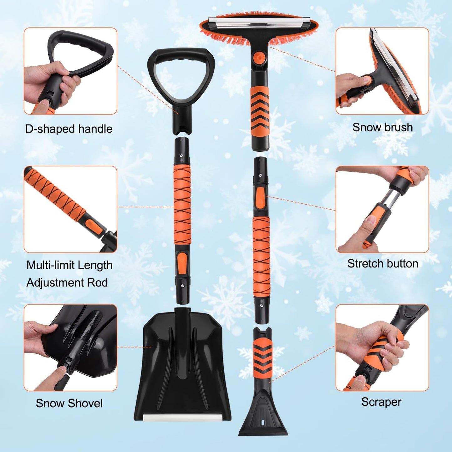 Car Snow Brush Snow Shovel Kit, 42'' Extendable Ice Scrapers and Snow Brushes for Car Windshield with Foam Grip 180° Pivoting Brush Head Snow Scraper, 39'' Extendable Emergency Snow Shovel for Car