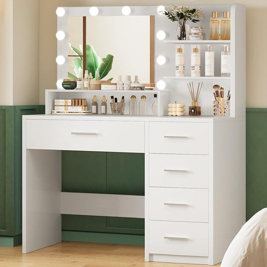 Quimoo Vanity Desk with Mirror & Lights, Makeup Vanity with 5 Drawers & Storage Shelves, White Vanity Table, 3 Color Modes & Adjustable Brightness, Dressing Table, Bedroom