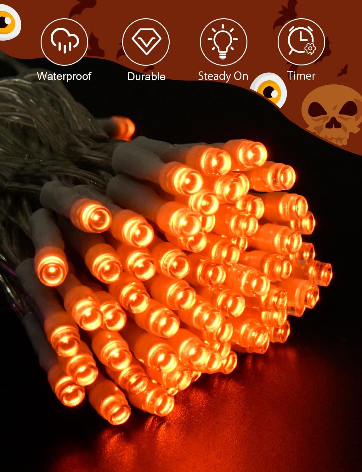 Halloween String Lights Battery Operated With Timer - 9.8ft 30LED Orange Waterproof Lights for Outside Decorations, Party, Yard, Pathway, Indoor and Outdoor
