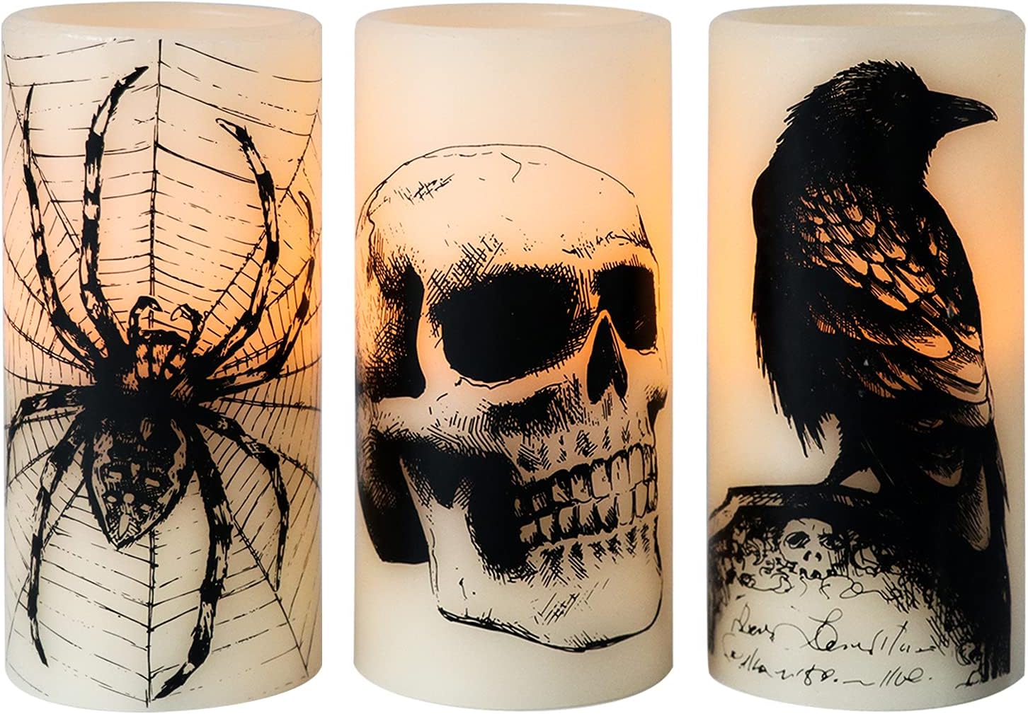 Eldnacele Halloween LED Flameless Flickering Candles Battery Operated with 6H Timer Skull Spider Web Crow Raven Spooky Decals Halloween Themed Indoor Decoration(3 Pack, D3 x H6)
